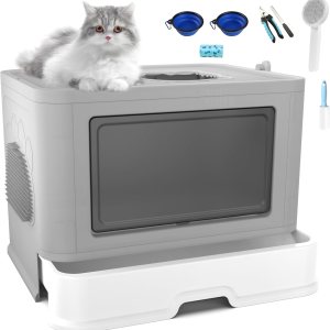 Caja de arena para gatos con alfombrilla de arena para gatos y cuchara, caja de arena plegable grande con tapa, caja de arena para gatos de salida Caja de arena para gatos con alfombrilla de arena para gatos y cuchara, caja de arena plegable grande con tapa, caja de arena para gatos de salida