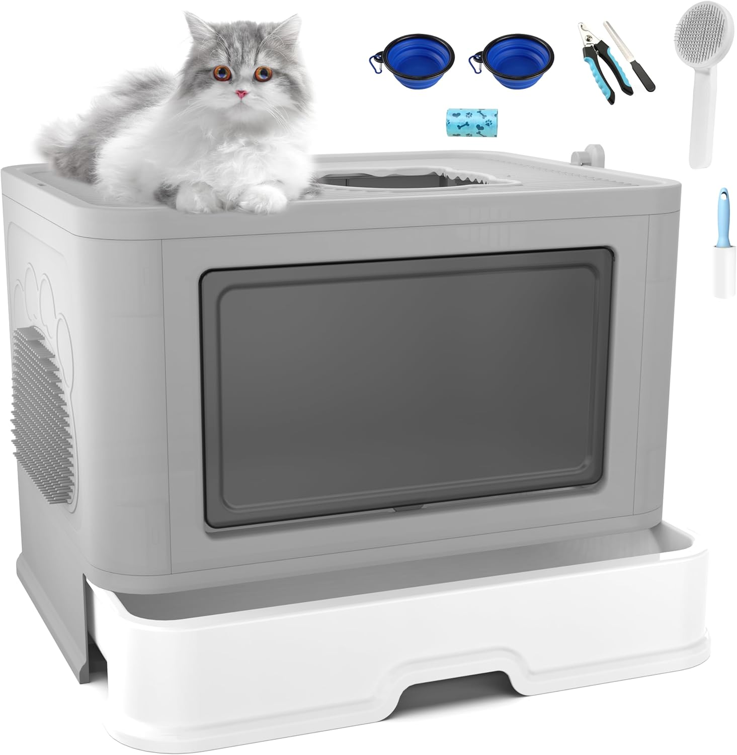 Caja de arena para gatos con alfombrilla de arena para gatos y cuchara, caja de arena plegable grande con tapa, caja de arena para gatos de salida