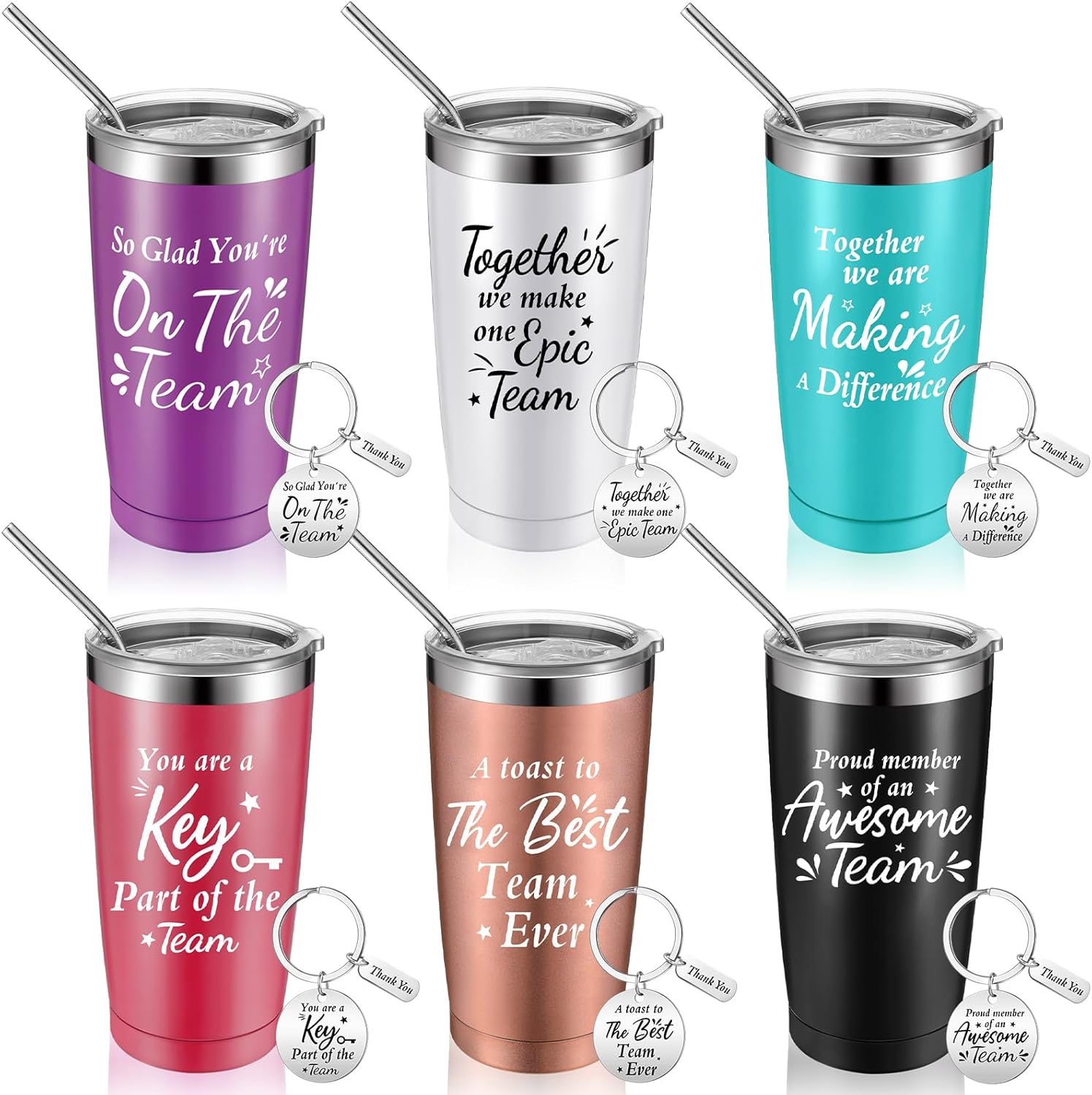 Vaso de vino de acero inoxidable con tapa y pajilla, 20 onzas, vasos de vino aislados con llavero (colores brillantes, 6 juegos)