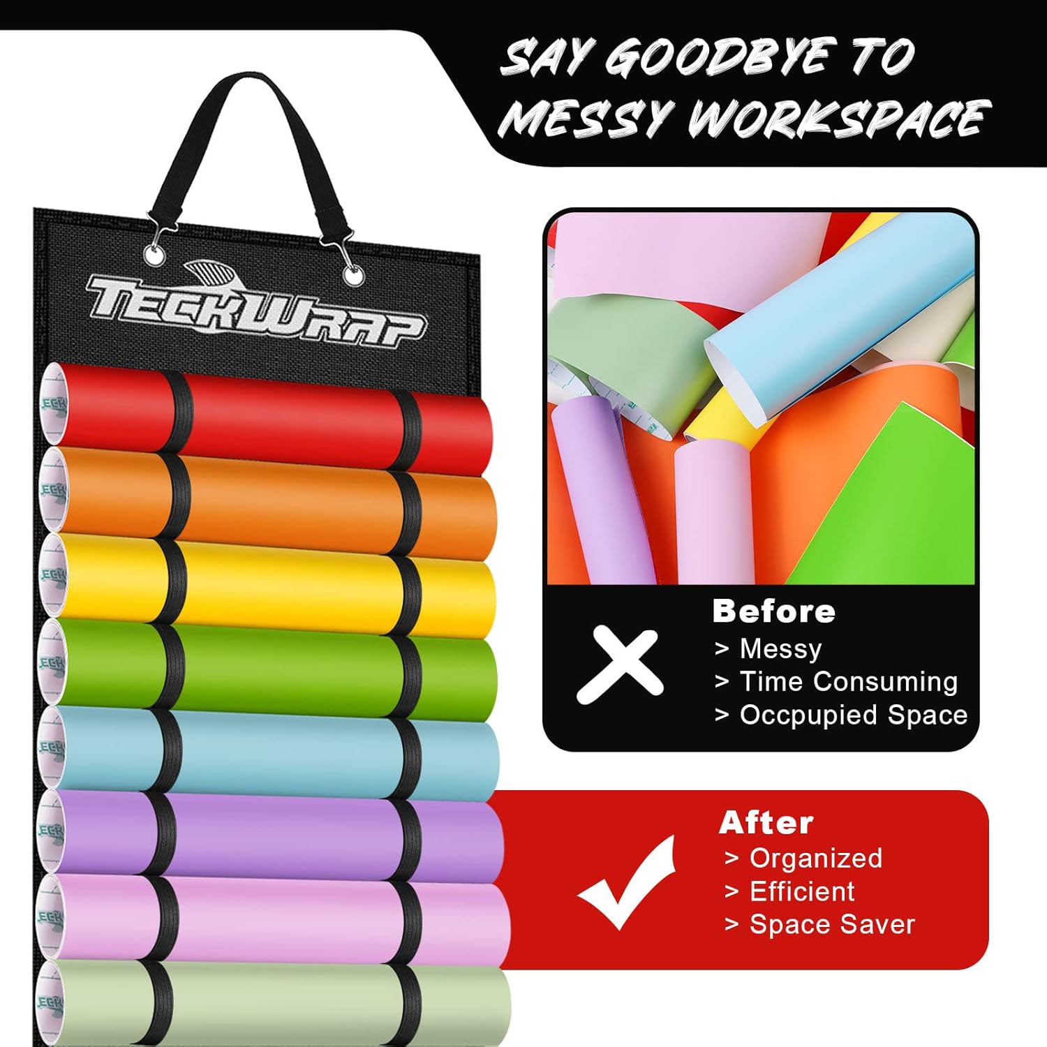 TECKWRAP Soporte de rollo de vinilo, organizador de almacenamiento de rollos de vinilo, negro de doble cara para montaje en pared con 44