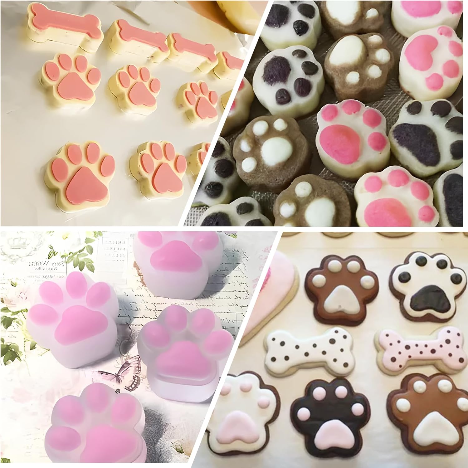 Moldes de silicona grandes para 24 cavidades de hueso de perro y 24 cavidades de silicona para huellas de patas, molde de grado alimenticio para