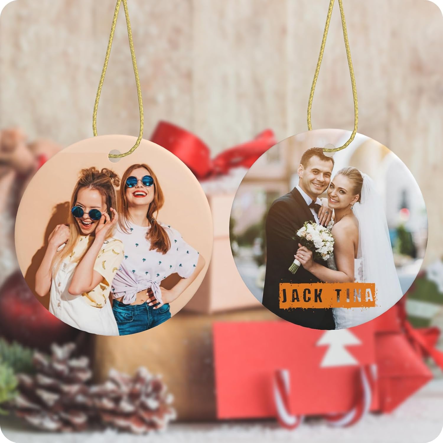 Adorno de Navidad con foto personalizada, añade texto de imagen, diseño de impresión de doble cara, colgante de cerámica personalizado, regalo de