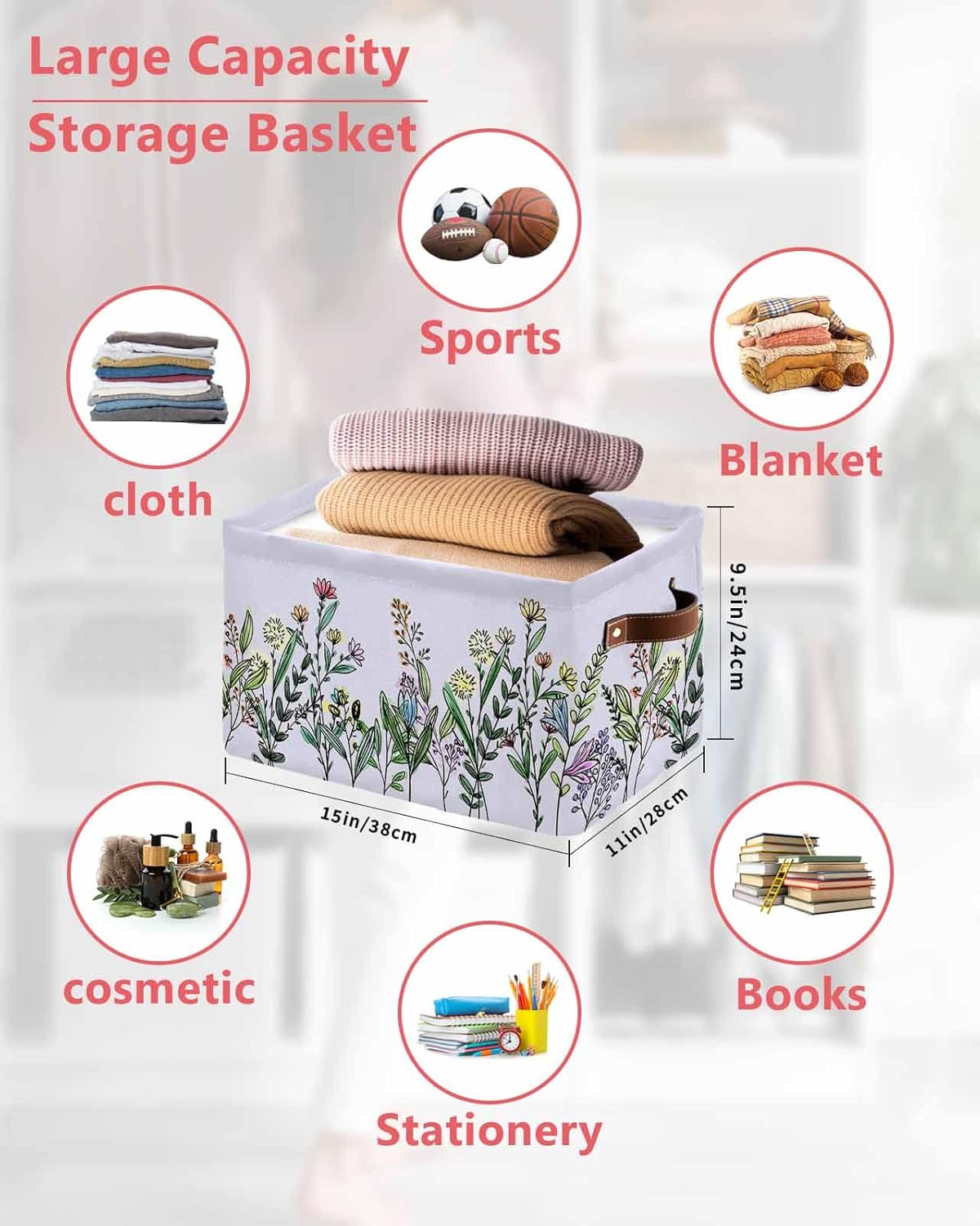 Cesta de almacenamiento floral de primavera para organizar estantes, cajas de almacenamiento plegables con asa, flores botánicas vintage moradas