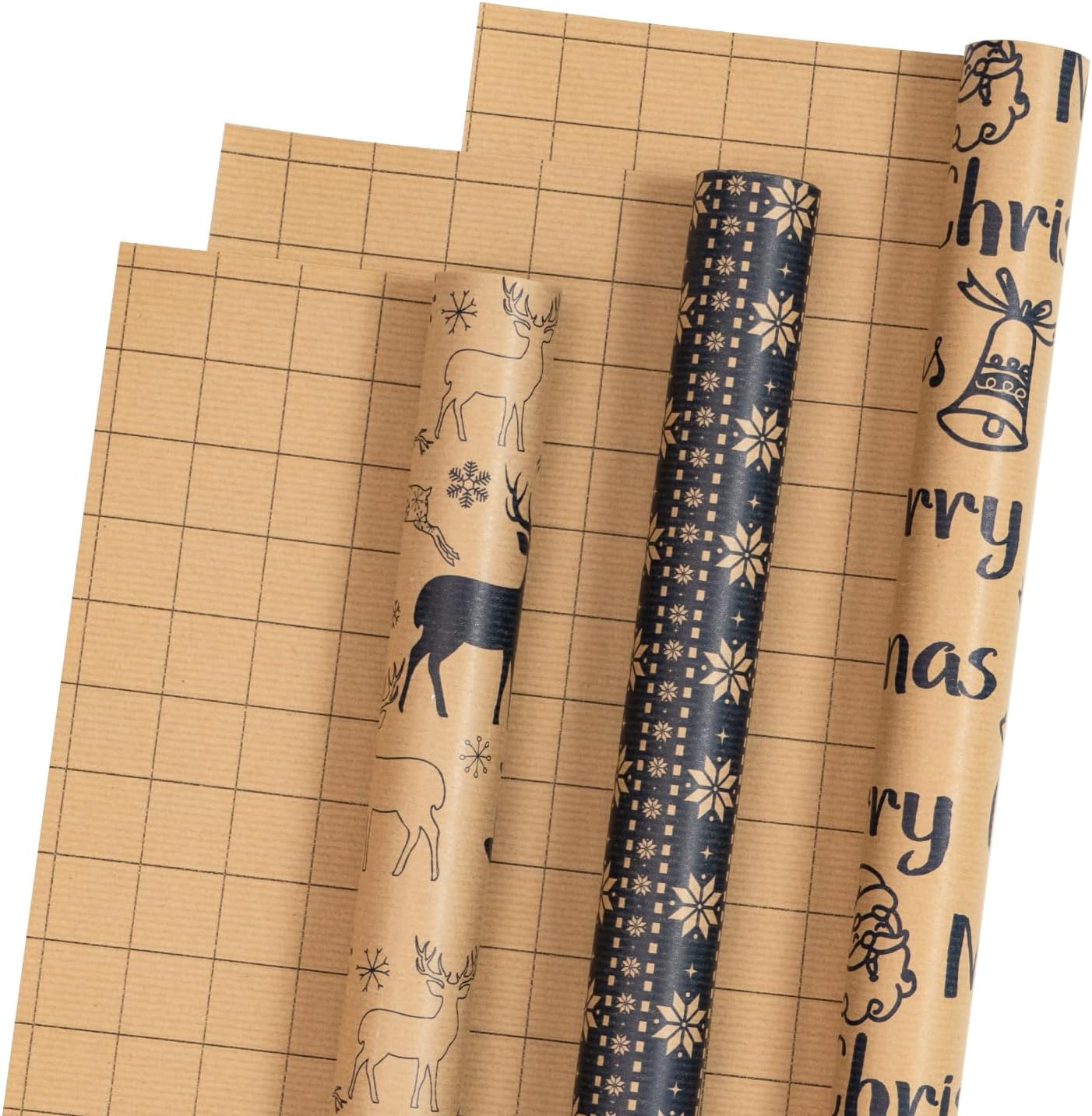 RUSPEPA Rollos de papel de regalo de Navidad  Mini rollo  17 pulgadas x 10 pies por rollo, total de 3 rollos  reno y copo de nieve