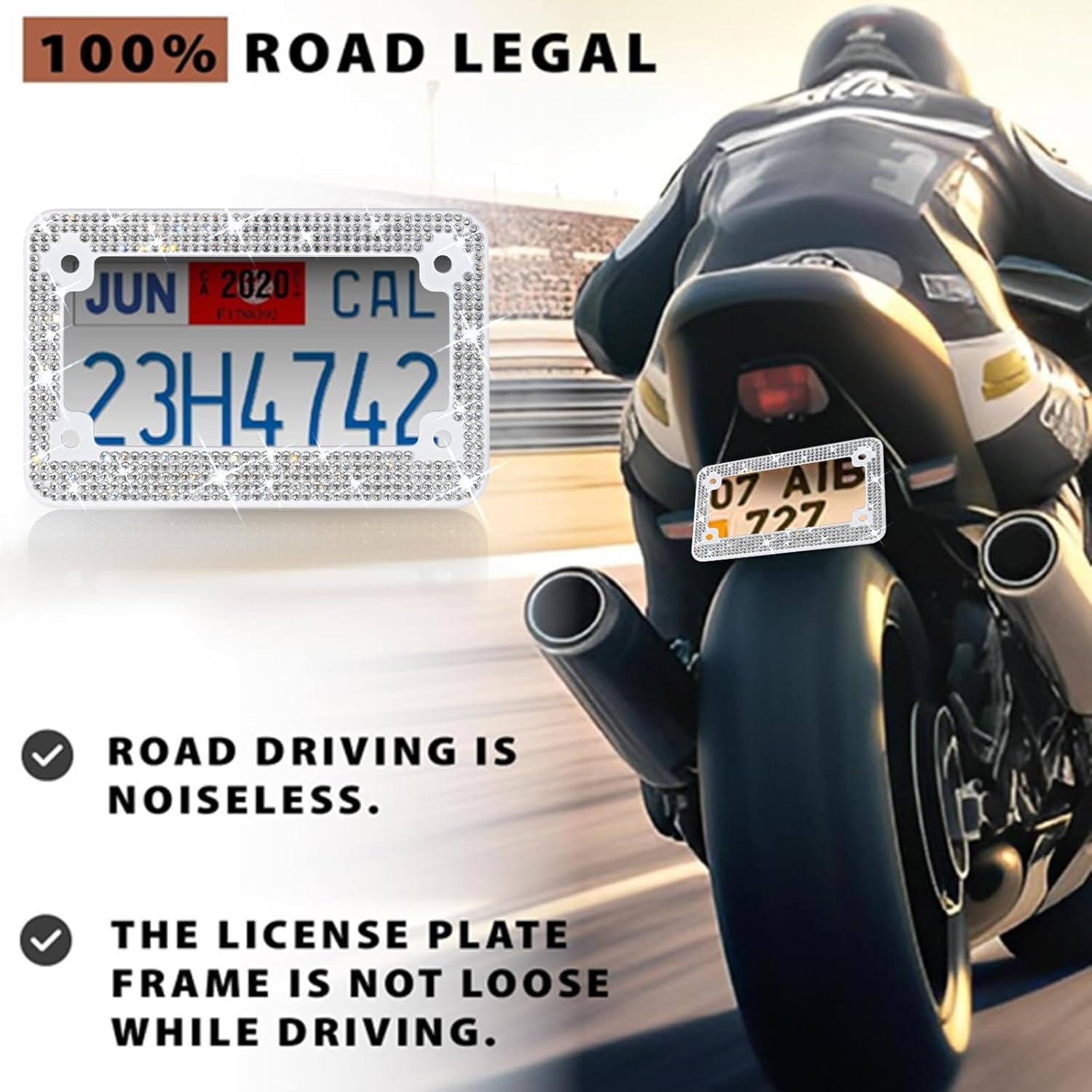 XCLPF Marcos blancos para matrícula de motocicleta,Soporte de placa de motocicleta con diamantes de imitación de diamante,Cubierta de placa de