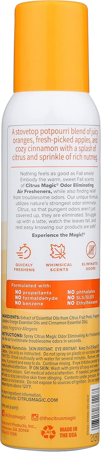 Citrus Magic Spray ambientador natural eliminador de olores de edición limitada, sidra de especias de naranja, 3 onzas, paquete de 3