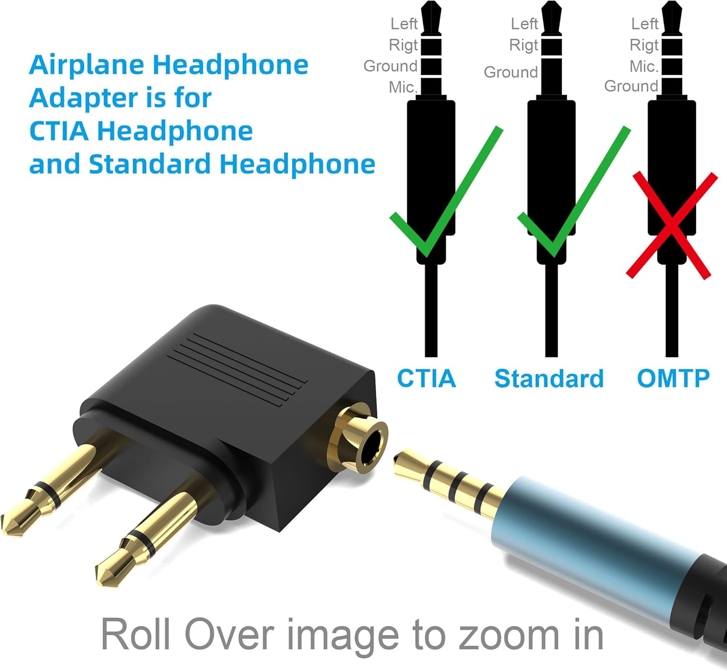 Adaptador doble de auriculares de avión macho a 0.138 in hembra chapado en oro (paquete de 2)