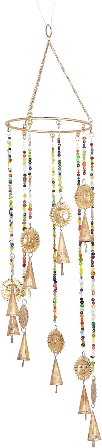 Deco 79 Carillón de viento de metal con cuentas de vidrio y campanas de cono, 7 x 7 x 28 pulgadas, dorado