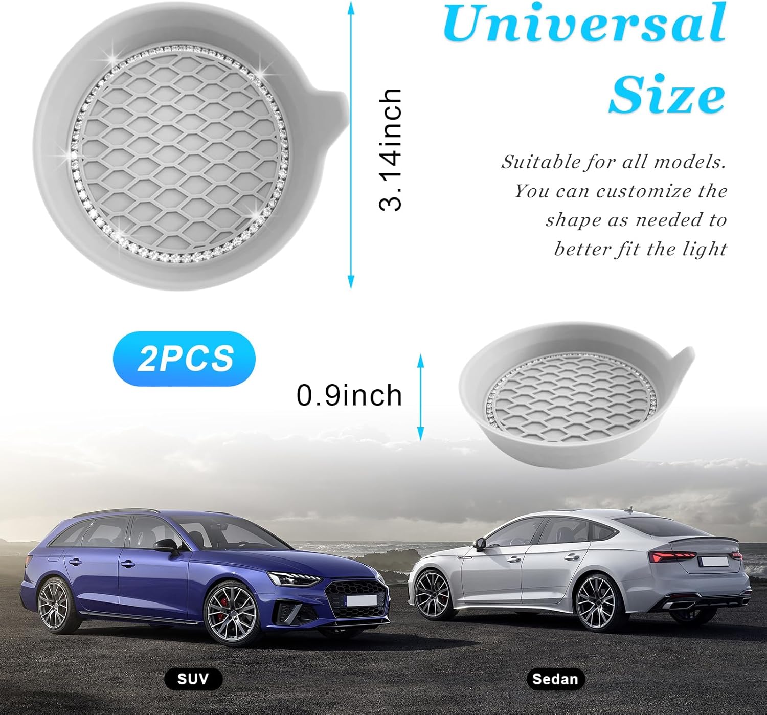 Ziciner 2 portavasos para automóvil, 3.15 pulgadas, de silicona, antideslizante, con inserción automática, tapete de cristal con diamantes de