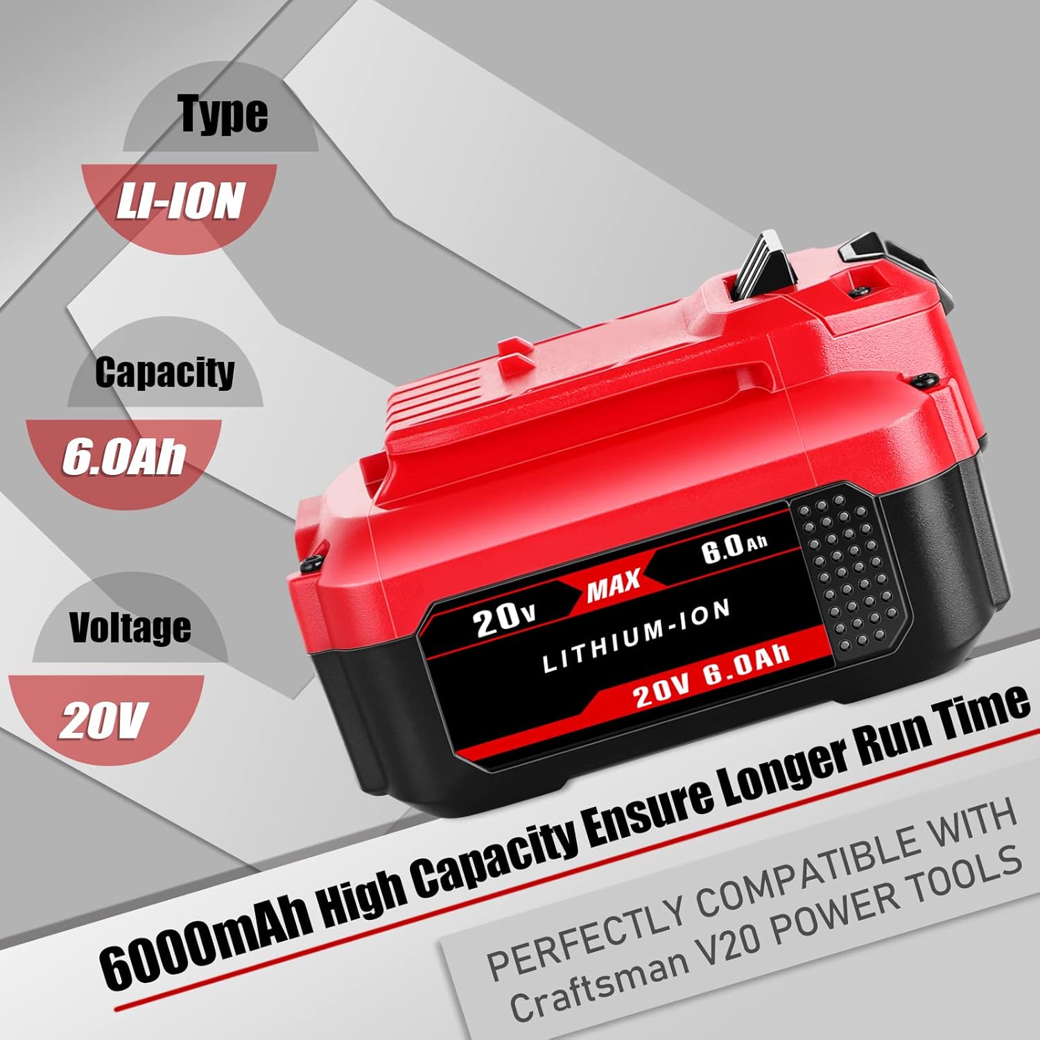 Jialipok 20V 6.0Ah CMCB205 Batería de repuesto para Craftsman 20V Max Litio Ion Batería CMCB204 CMCB204-2 CMCB202-2 CMCB201 CMCB206 CMCS500B