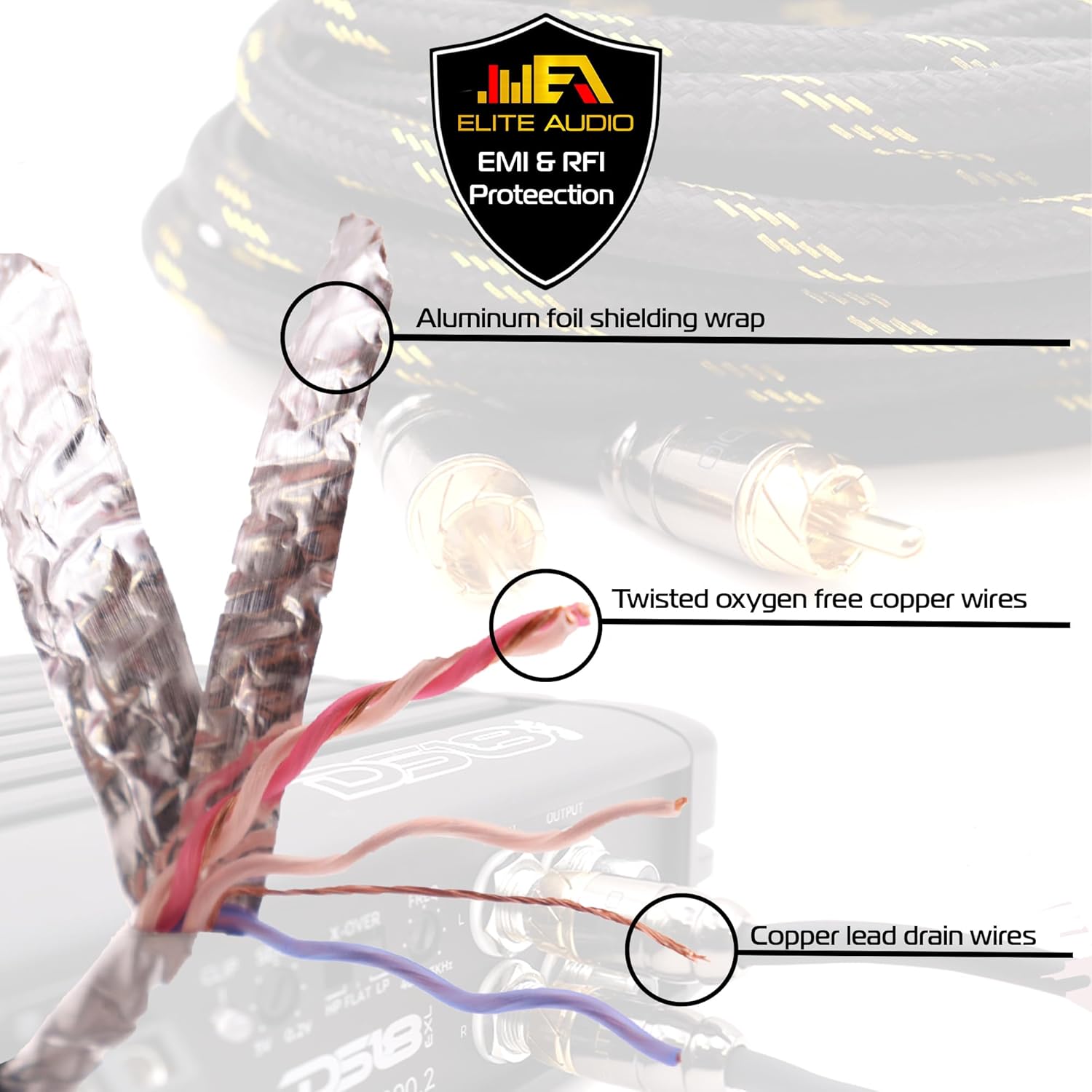 Elite Audio EA-PRO617 Cable RCA de cobre libre de oxígeno de 6 Ch de grado profesional de 17 pies – Conectores de latón, armadura triple blindada