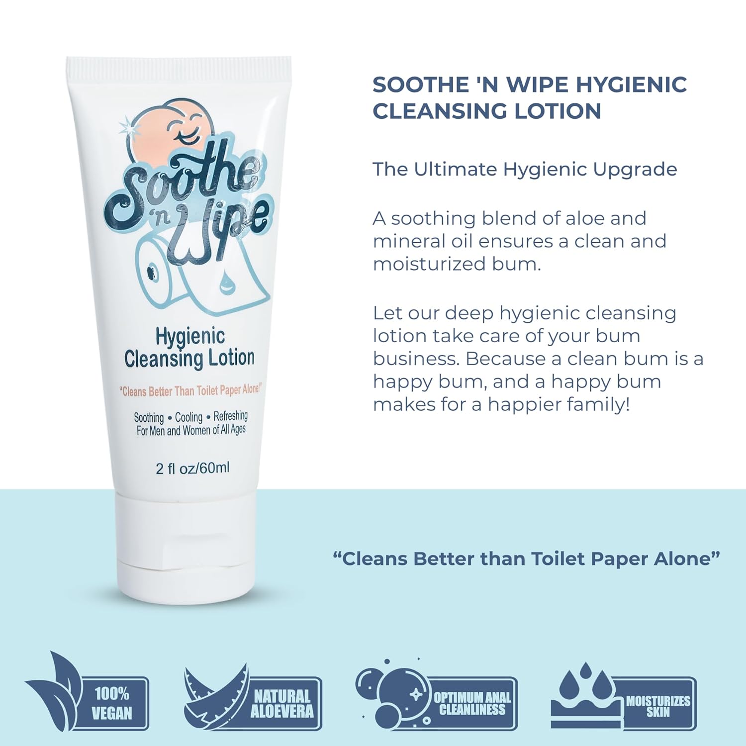 Soothe ‘n Wipe Loción limpiadora higiénica de 2 onzas, alternativa de toallitas desechables con aloe e hidratantes, humedecedor de papel higiénico