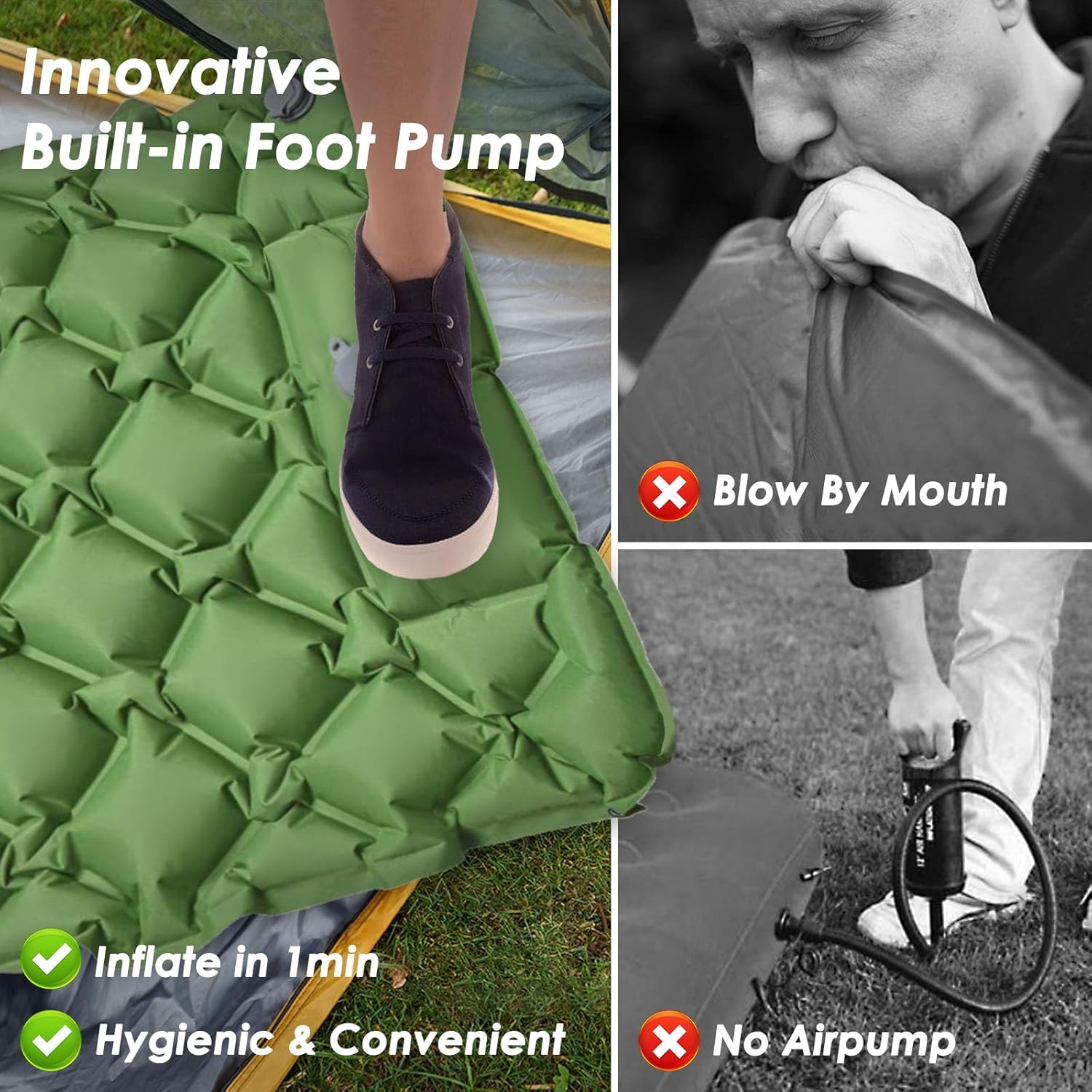 Colchoneta de dormir para camping, colchoneta inflable ultraligera compacta con bomba de pie incorporada, almohadillas de dormir para mochileros,