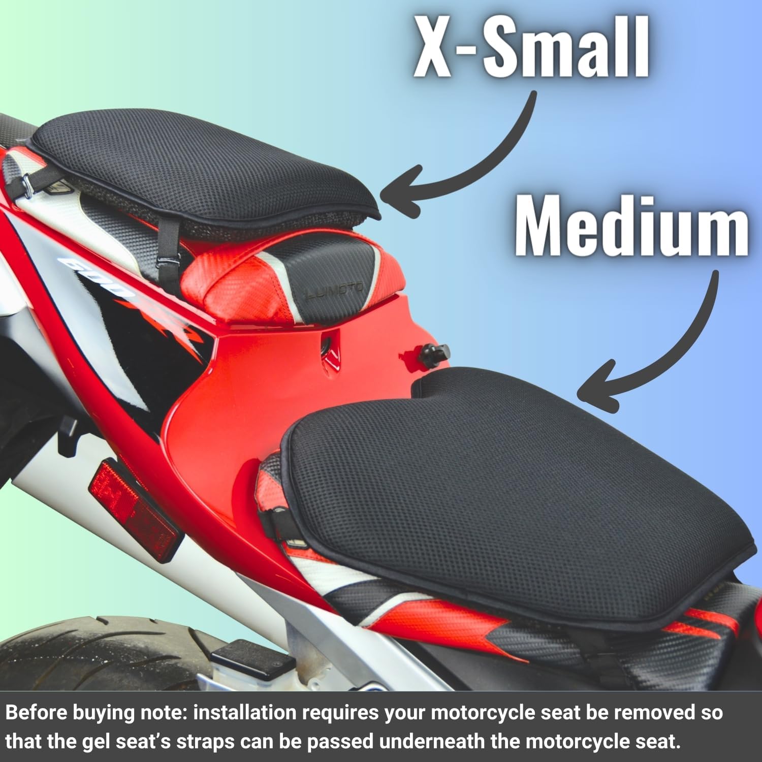 GEARS X-Tender – Almohadilla de asiento de gel para motocicleta para asiento principal de motociclista, motocicletas deportivas, hipermotos y