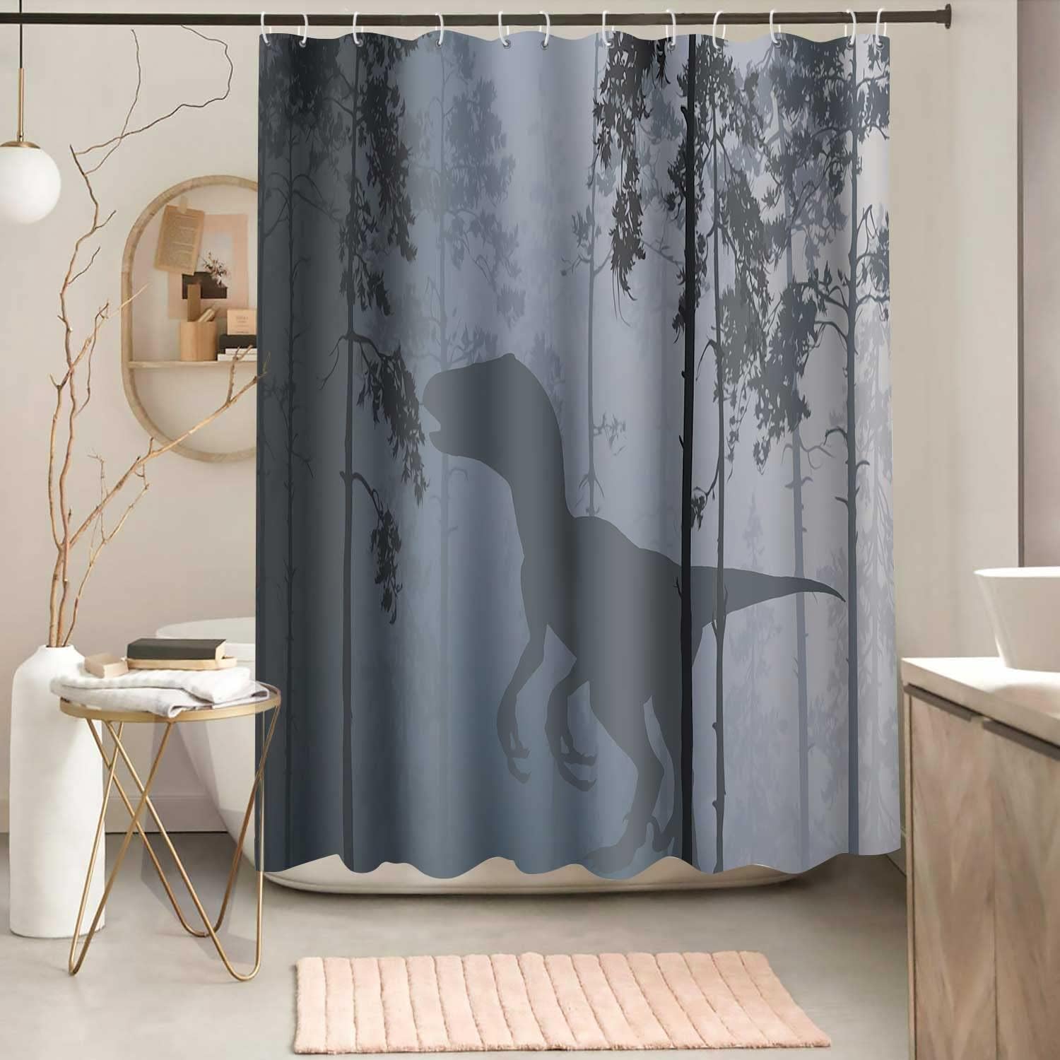 YLYYNT2694 – Cortina de ducha con diseño de animales, diseño de dinosaurio, silueta de dinosaurio, juego de baño con ganchos, cortinas decorativas