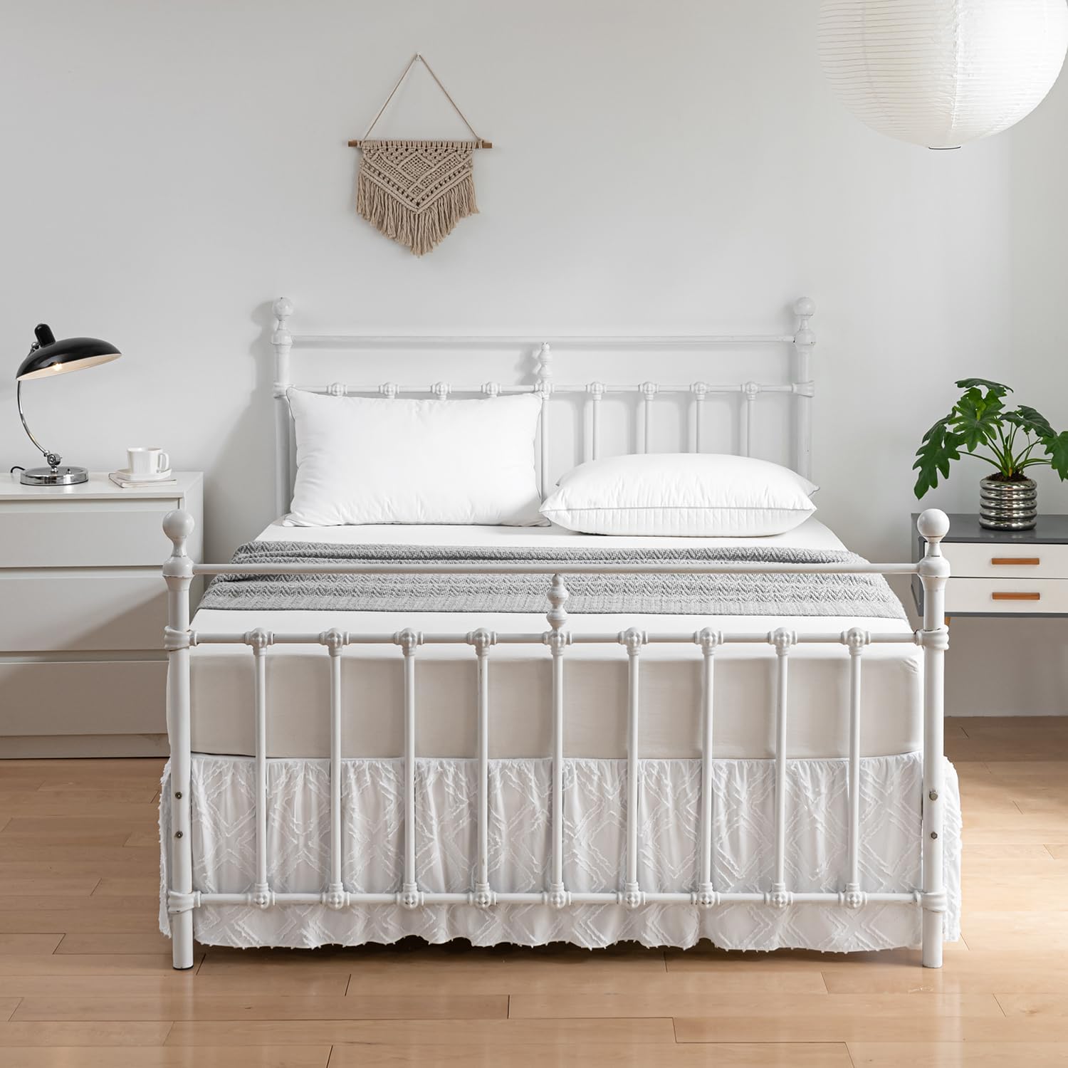 Falda de cama copetuda, falda de cama con volantes con esquinas divididas, falda de cama Queen de 16 pulgadas de caída, falda de cama cuadrada