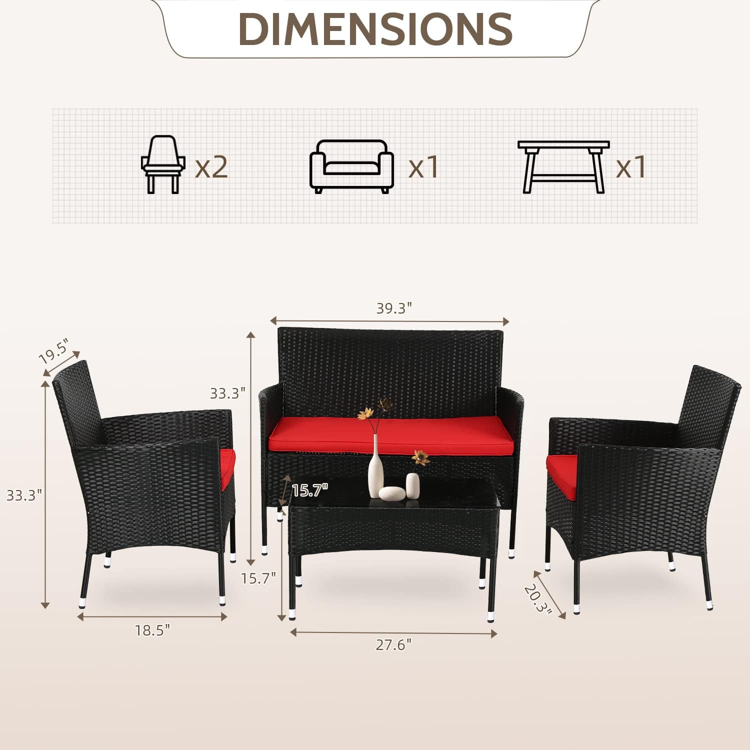 FDW Juego de muebles de patio, 4 piezas, muebles de exterior, sillas de mimbre para patio, muebles de patio, juego de conversación para uso en
