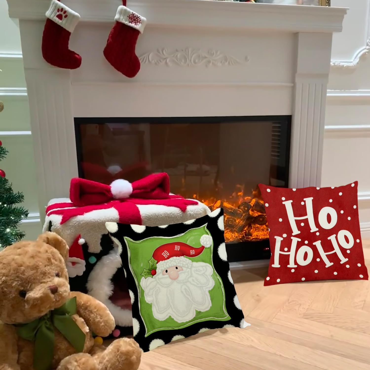 Juego de 4 fundas de almohada navideñas de 18 x 18 pulgadas, muñeco de nieve, Papá Noel, lunares, Ho Ho Ho Joy, decorativas, para decoración de