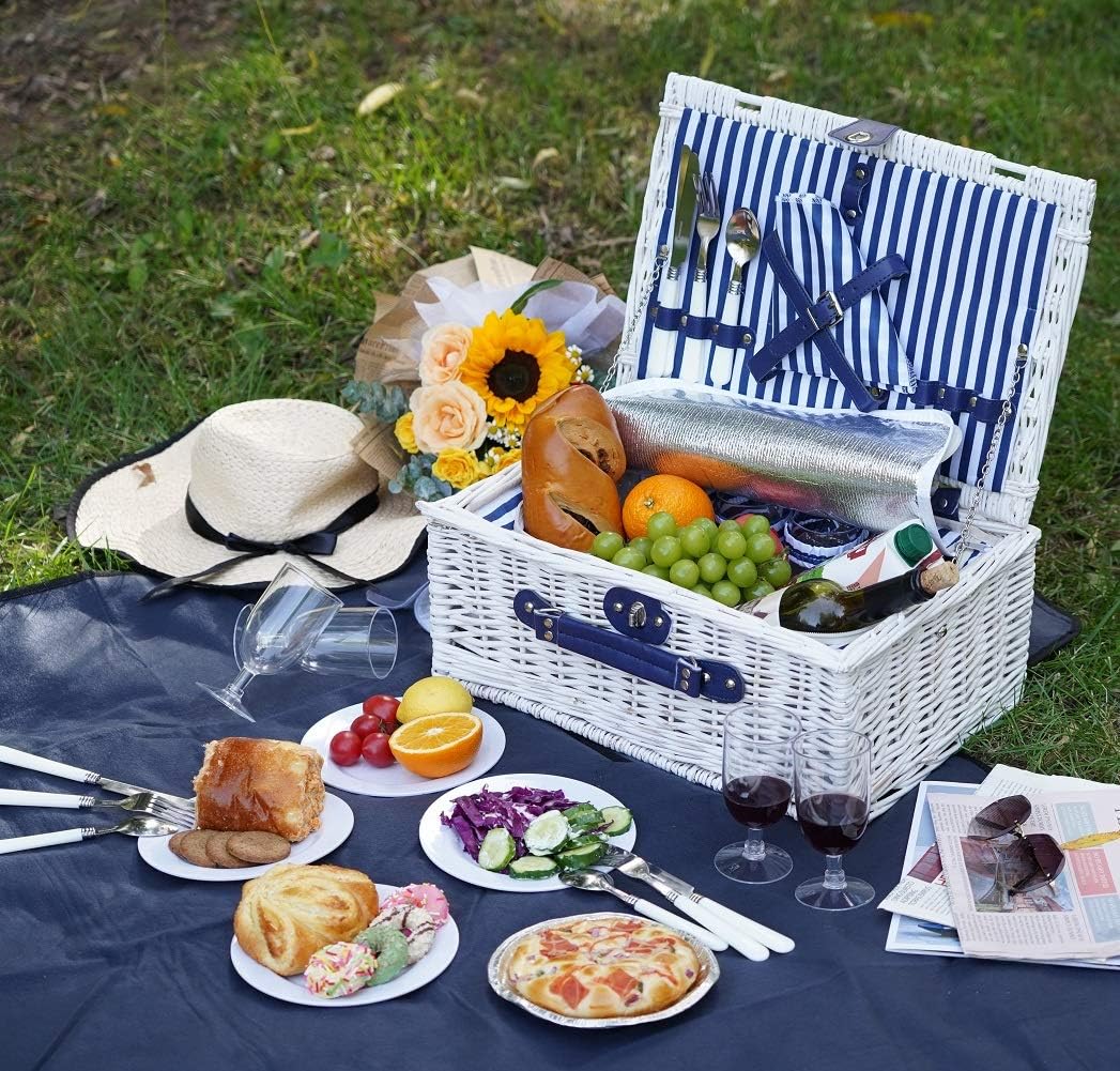 Cesta de picnic de sauce para 4 personas, juego de cestas de mimbre grandes con compartimento térmico grande, manta de forro polar con respaldo