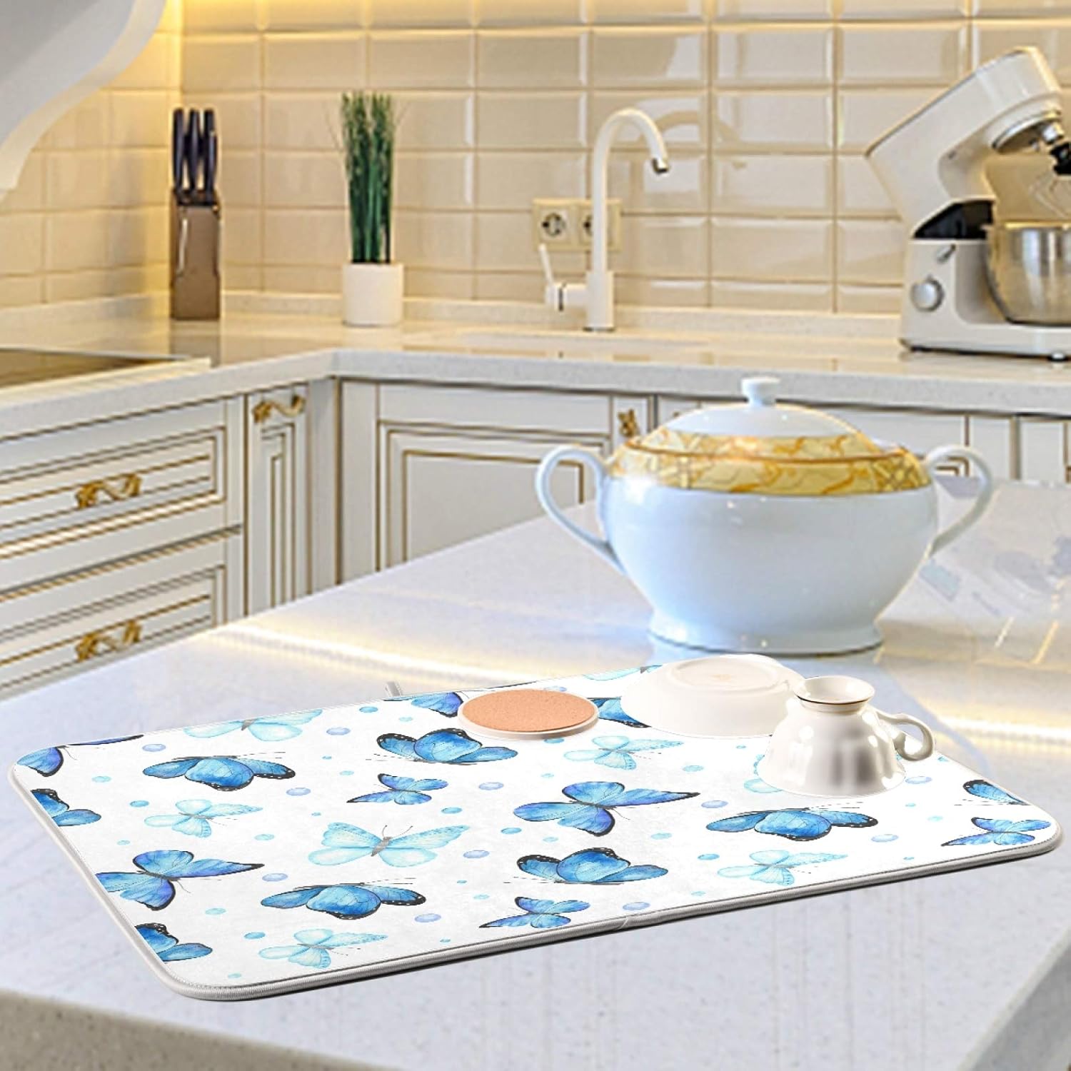 Tapete de secado de platos de mariposa de verano para encimera de cocina, 18 x 24 pulgadas, patrón de mariposas azules, escurridor de platos, tapete