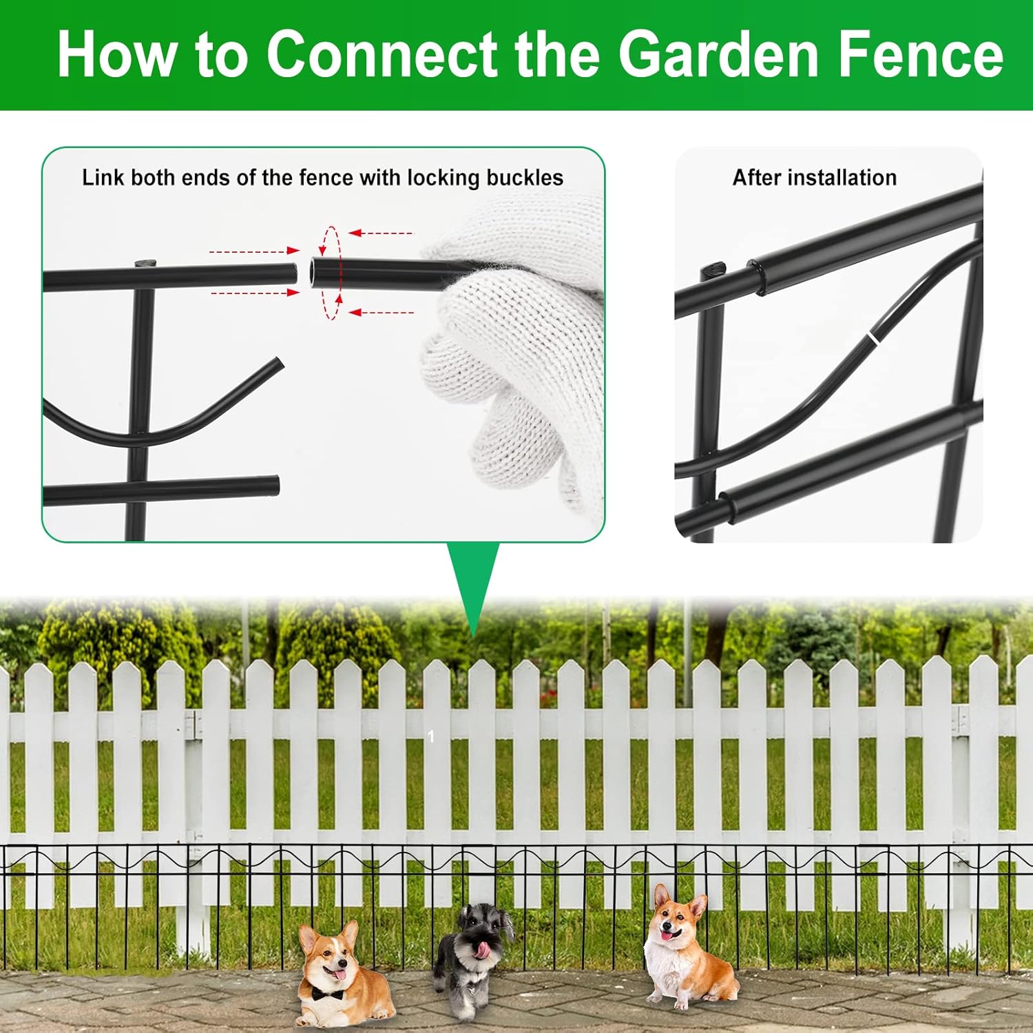 Paquete de 10 vallas decorativas de jardín de 32 x 10 pulgadas, valla de barrera de animales, espacio de picos de 2.3 pulgadas, valla sin