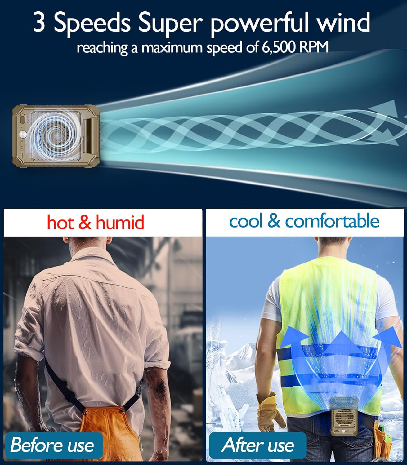 Ventilador portátil con clip de cintura, ventilador personal recargable de cuello de 10000 mAh, ventilador de batería de 6500 RPM, potente