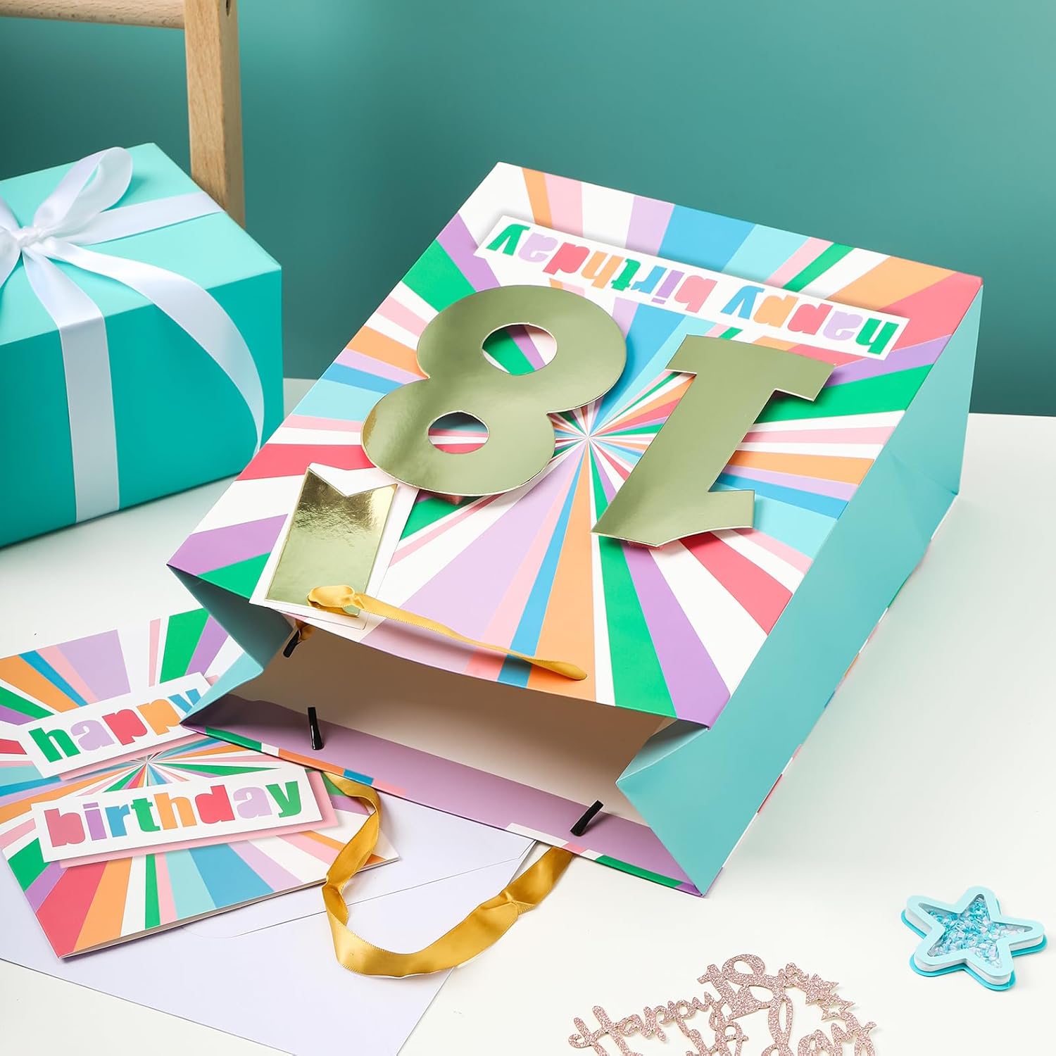 WRAPAHOLIC Bolsa de regalo de cumpleaños grande de 13 pulgadas con tarjeta y papel de seda – 18 cumpleaños