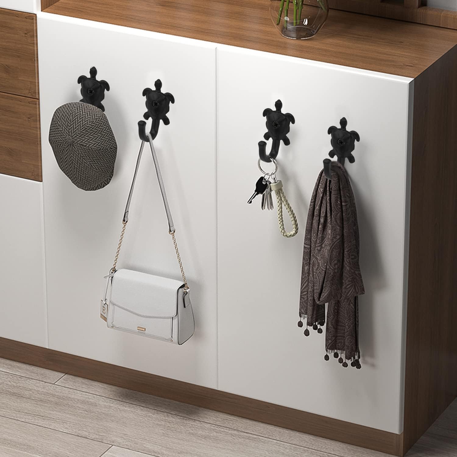 Paquete de 5 ganchos de pared para colgar abrigos, bufandas, bolsos, mochilas, mochilas, decoración del hogar (tortuga negra)