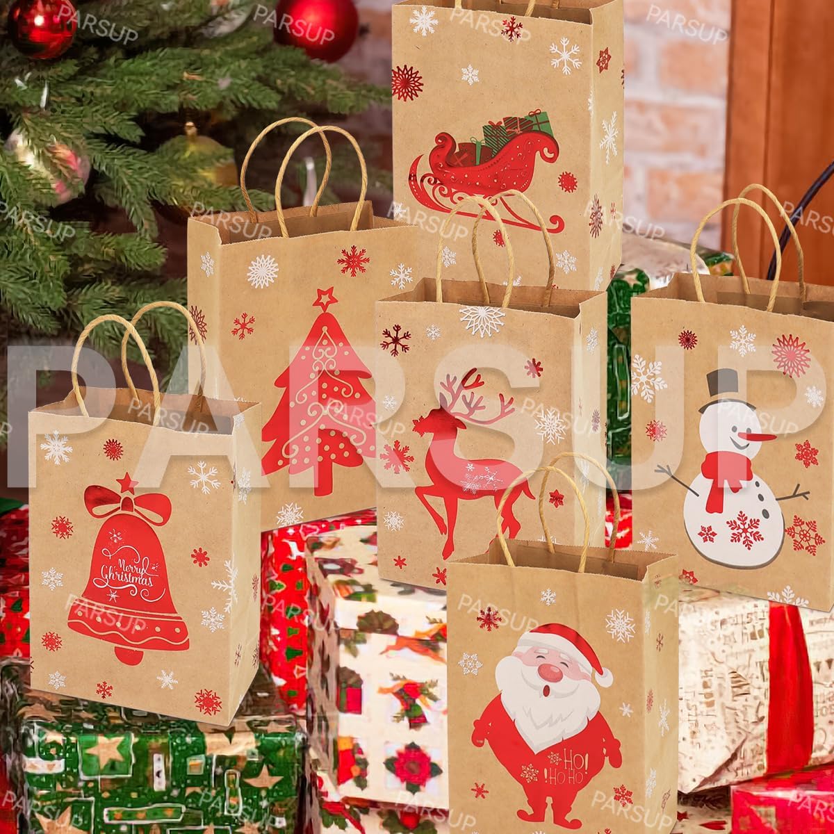 Bolsas de regalo de papel kraft de Navidad, 12 unidades de estilos surtidos, bolsas de papel pequeñas de Navidad con asas, bolsas de regalo de