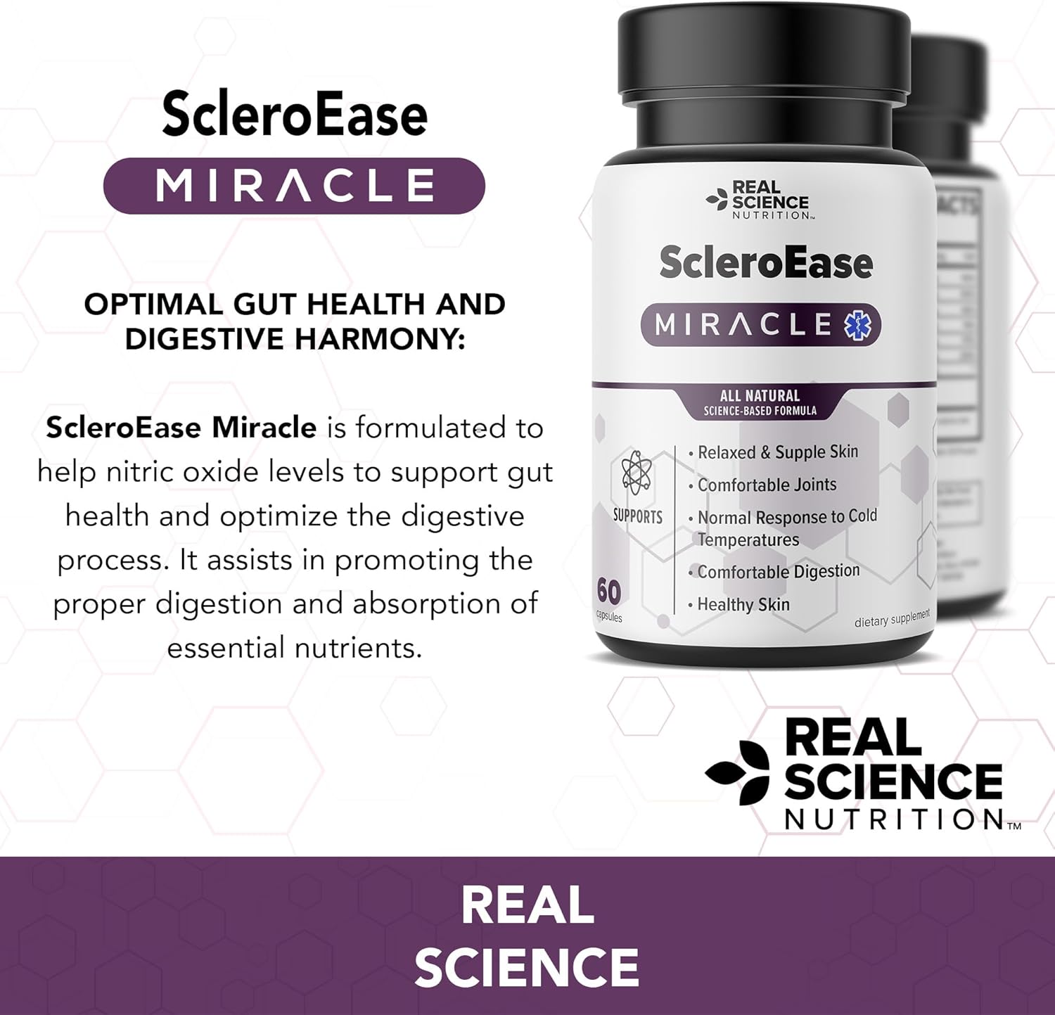 Real Science Nutrition ScleroEase Miracle ofrece alivio a las personas que sufren de esclerodermia, apoyando la piel flexible y flexible, movimiento
