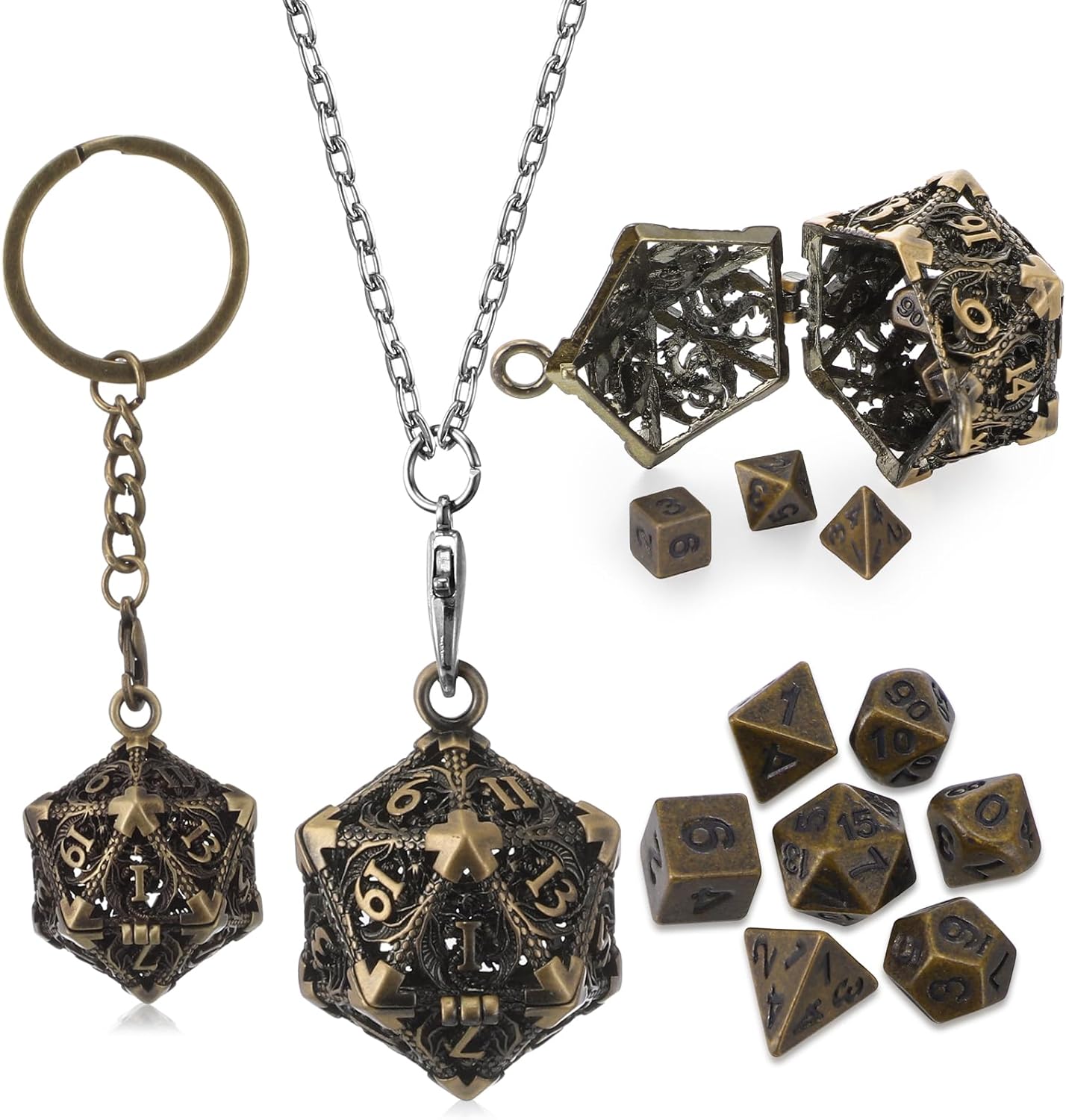 Syhood Juego de dados pequeños, 7 piezas de dados pequeños de metal hueco D20, collar D20, llavero, juegos de mesa para juegos de rol, regalo