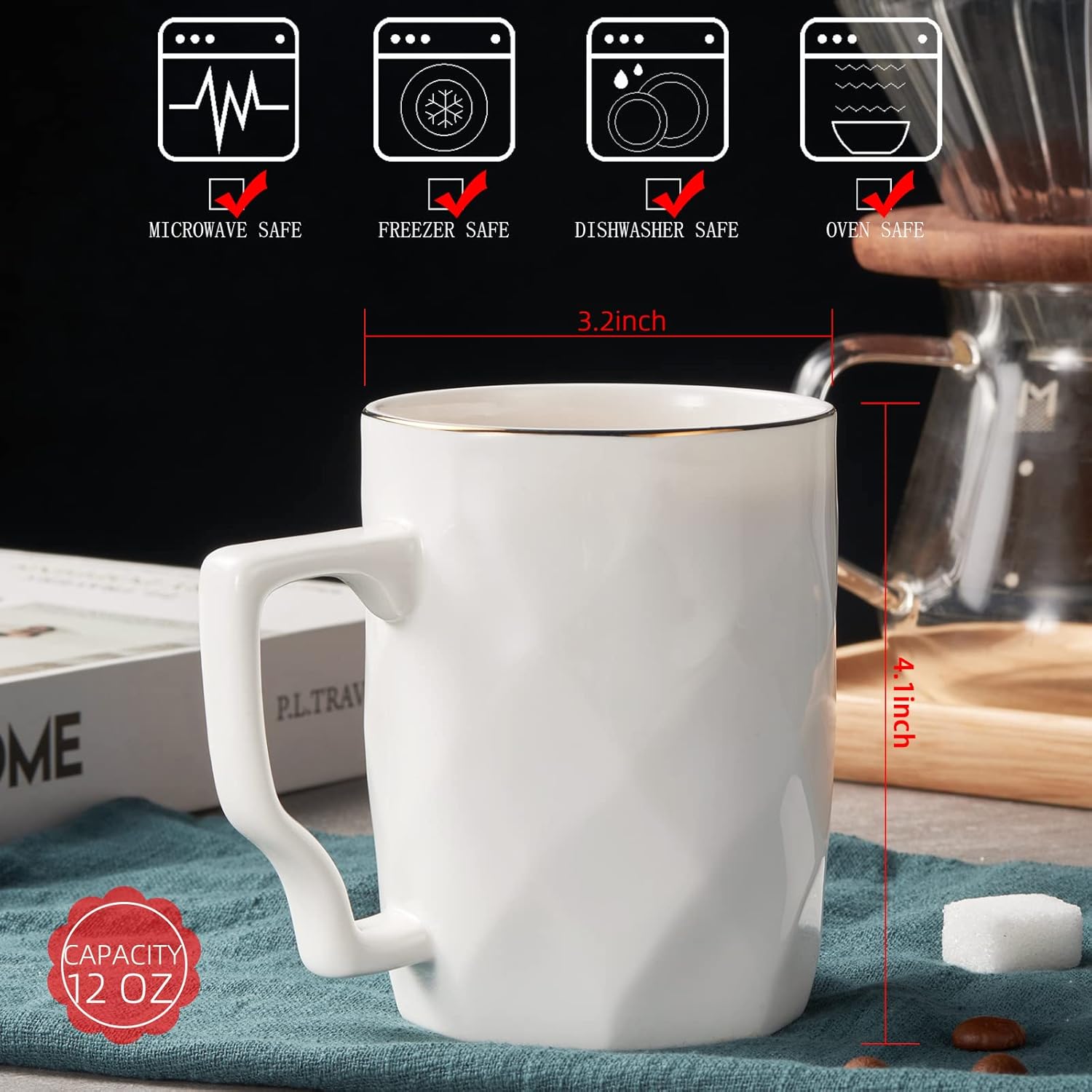 Tazas de café, tazas de café de porcelana blanca de hueso de 12 onzas con más del 45% de contenido de hueso, tazas de té de cerámica ligeras, juego