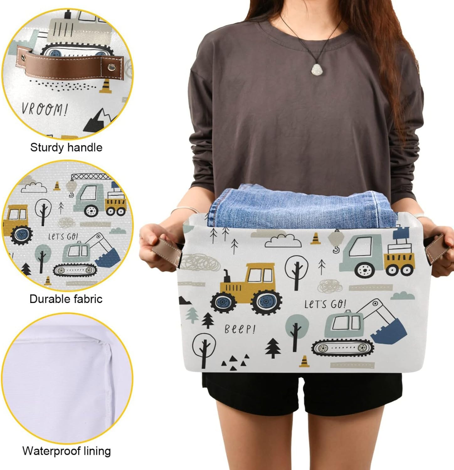 Cute Cars Truck Tractor Large Storage Basket Crane Bulldozer Excavator Nursery Bins Collapsible Clothes Laundry Hamper with Handles for Home Living