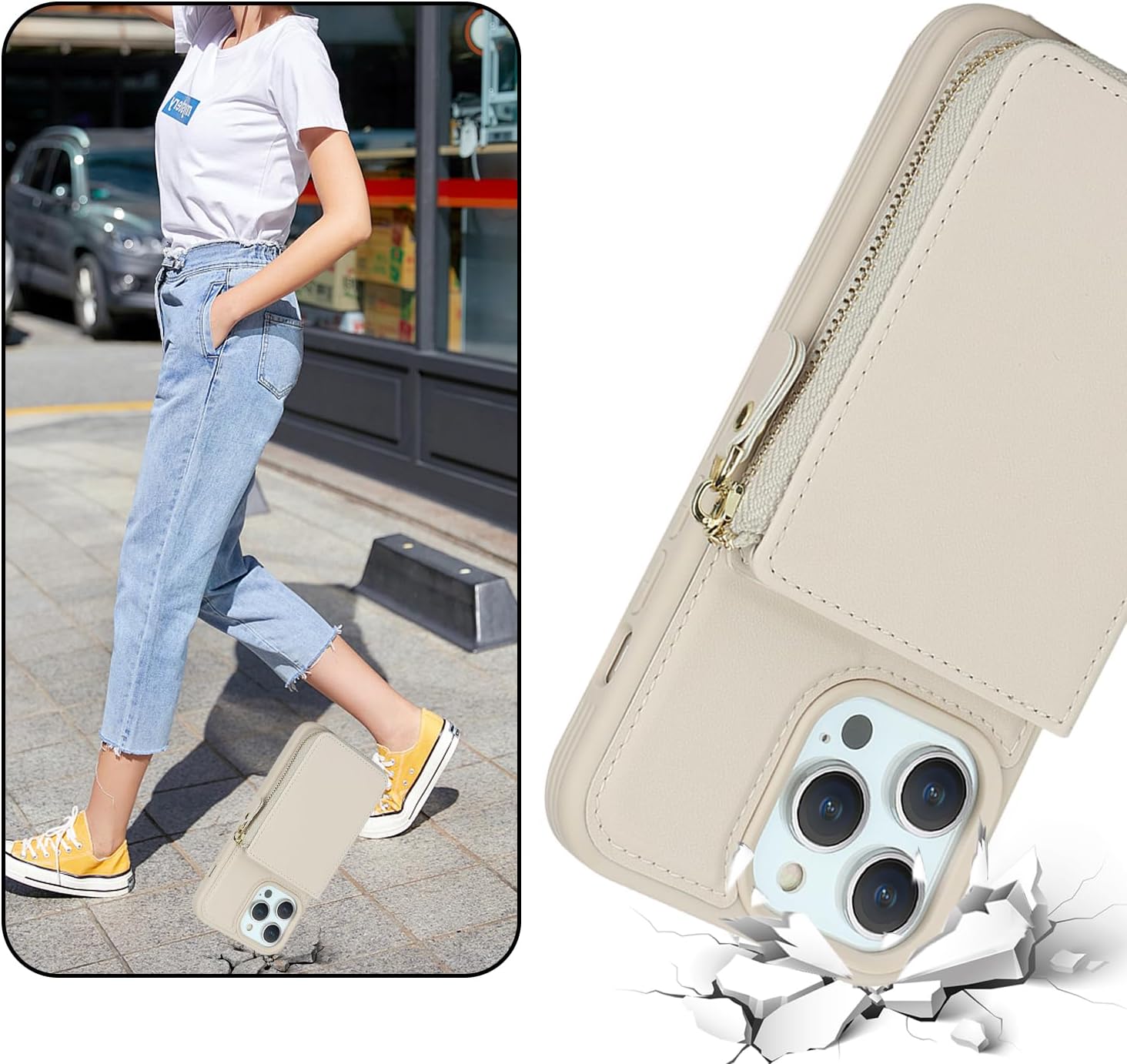 Funda para iPhone 14 Pro Max con tarjetero con cremallera para mujer, iPhone 14 Pro Max, cartera con tarjeta de crédito con anillo y soporte de