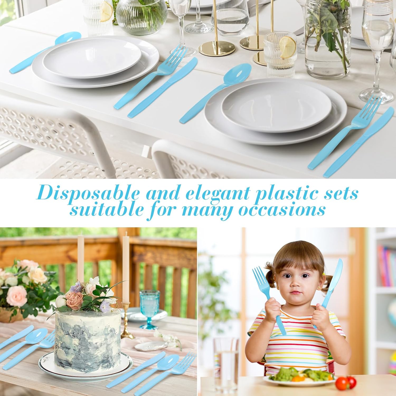Juego de 300 cubiertos de plástico resistentes, 100 tenedores de plástico, 100 cucharas de plástico y 100 cuchillos de plástico, utensilios