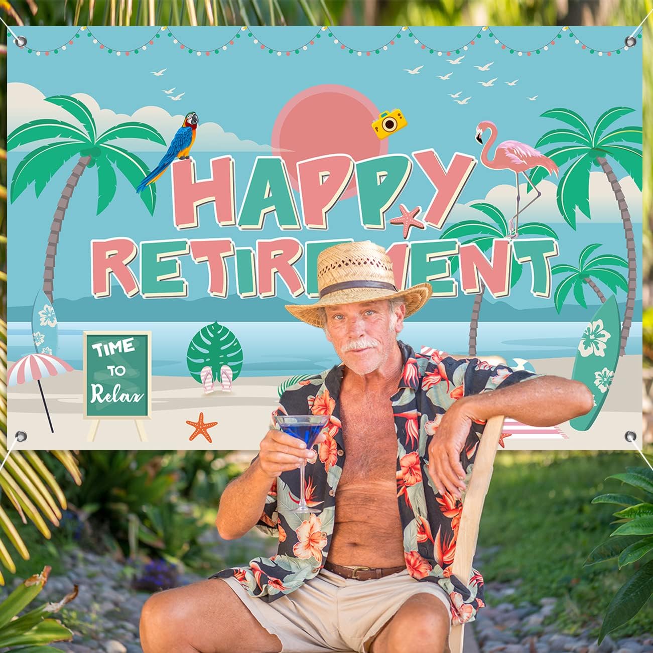5 carteles con texto en inglés “Hawaii Luau Happy Retirement” de 3 pies para fiesta de jubilación, decoración tropical de feliz jubilación, cabina