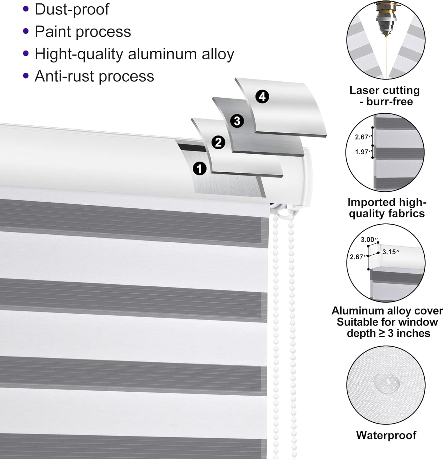 Boolegon Persianas de cebra con cable para ventanas, persianas de doble capa para día y noche, control de luz transparente o de privacidad,