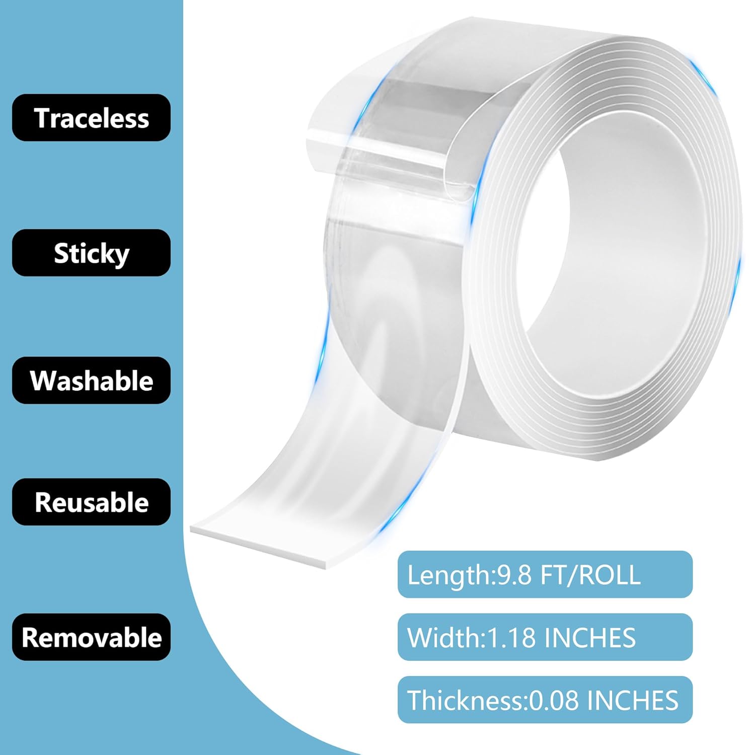 VVXX Cinta nano, cinta de doble cara, resistente, reutilizable, transparente, sin rastros, para decoración de pared de aula, apta para inquilinos,