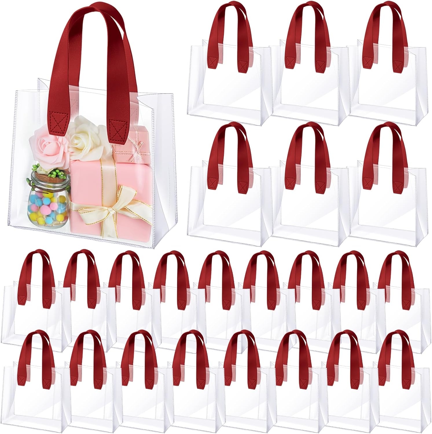 Sweetude 24 bolsas de regalo transparentes con asa, pequeñas bolsas de regalo transparentes reutilizables y resistentes a granel para bodas,