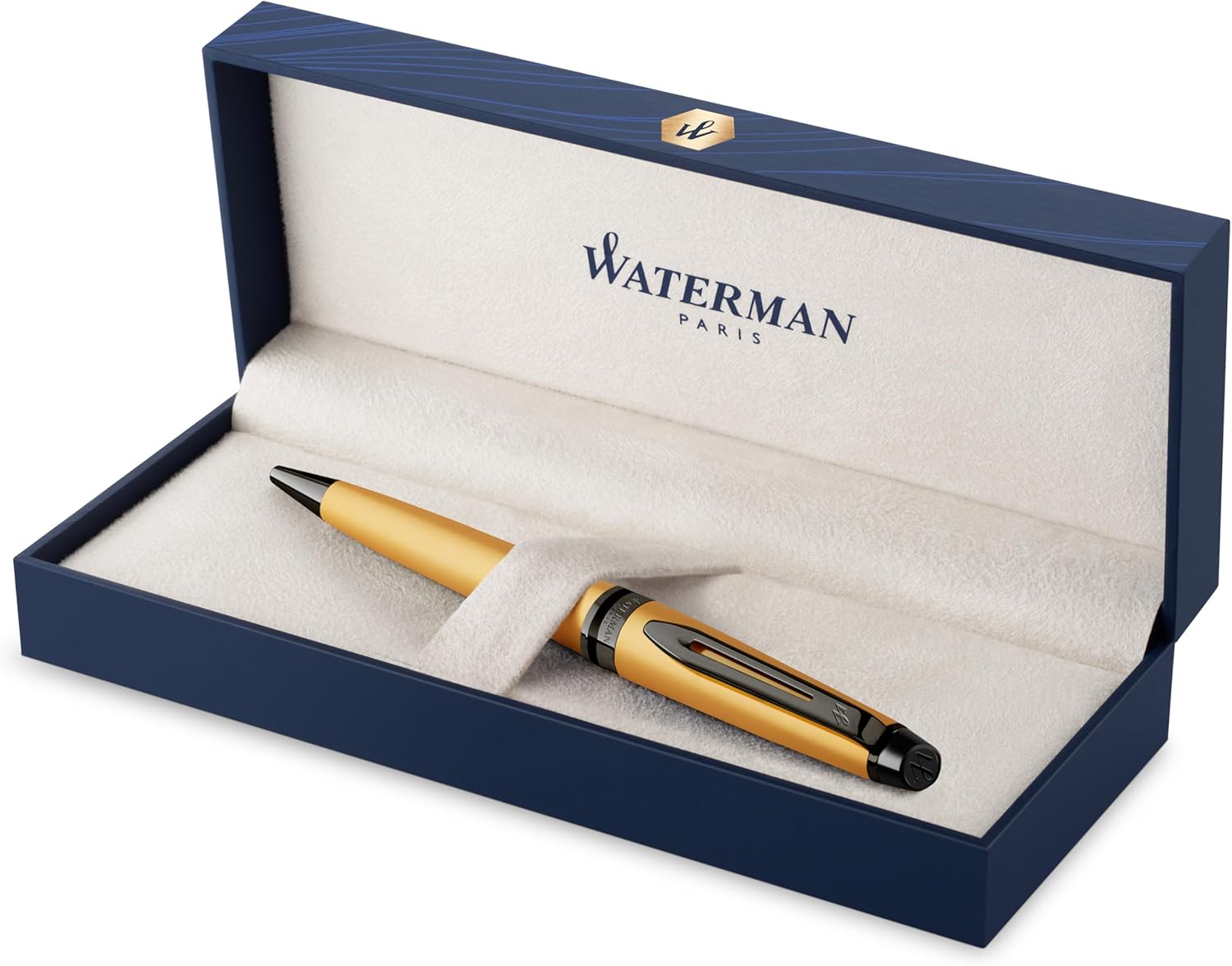 Waterman Bolígrafo Expert  Laca dorada metálica con ribete de rutenio  Punta media  Tinta azul  Con caja de regalo