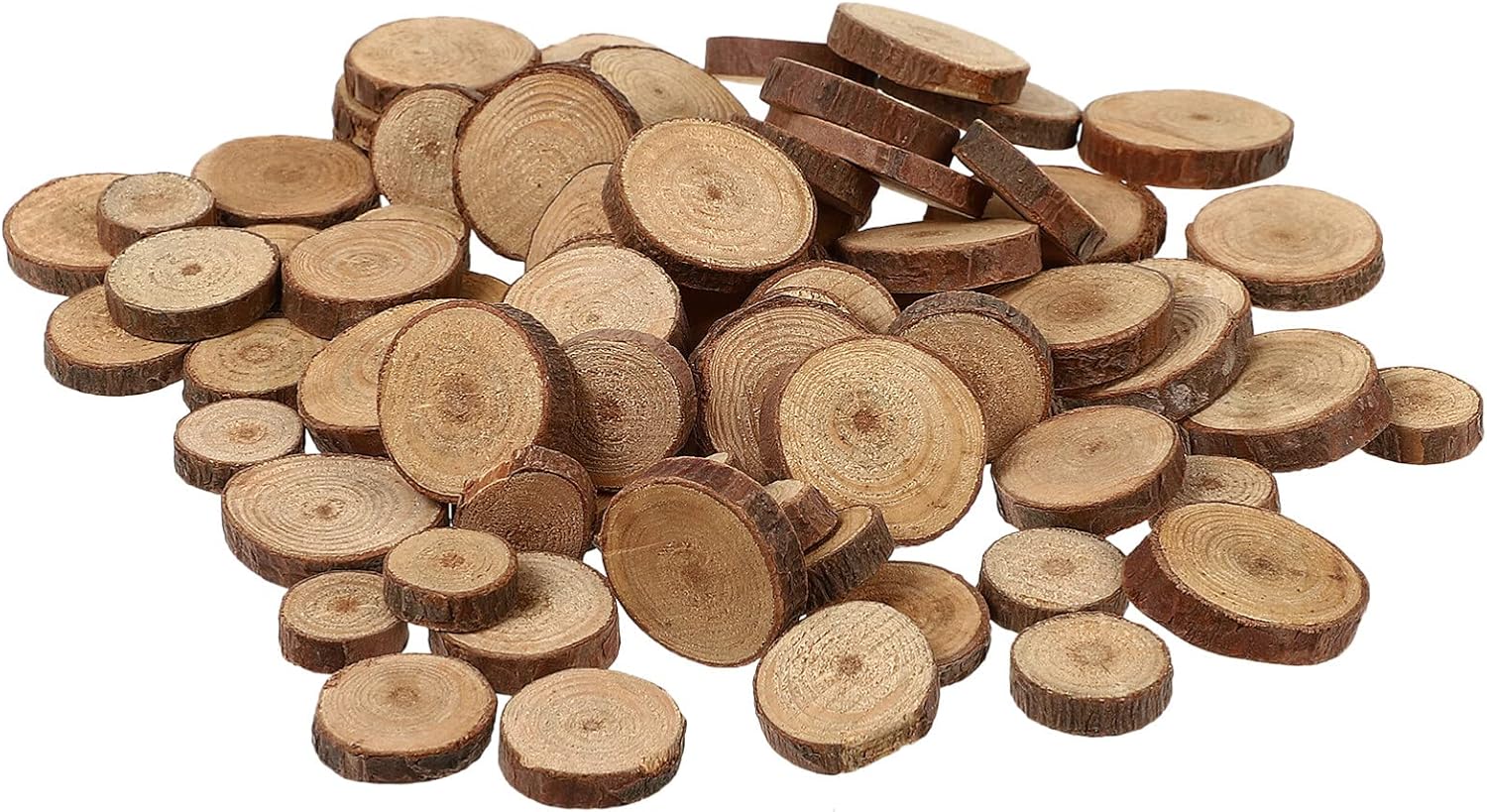 IMIKEYA 100 discos de madera de 0.6-1.2 in, rebanadas de madera sin terminar, para manualidades, rebanadas de madera en blanco para Navidad, boda,