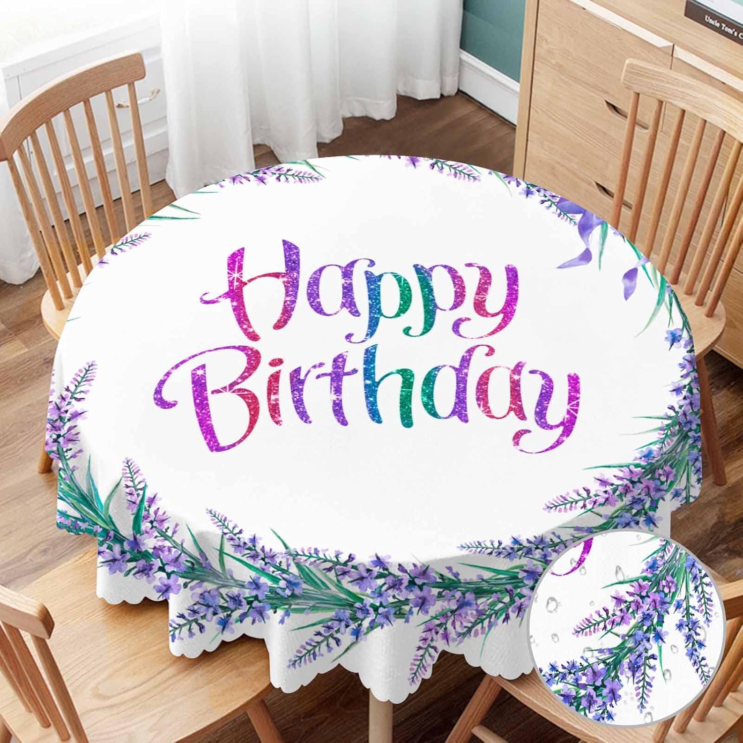 Mantel de feliz cumpleaños de 60 pulgadas de diámetro, corona redonda de acuarela con flores de lavanda, manteles de flores de lavanda moradas para