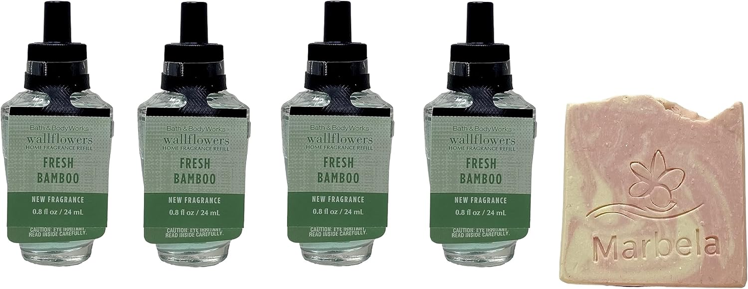 Bath and Body Works Fresh Bamboo – Paquete de 4 repuestos de fragancia para el hogar, jabón de muestra Marbela