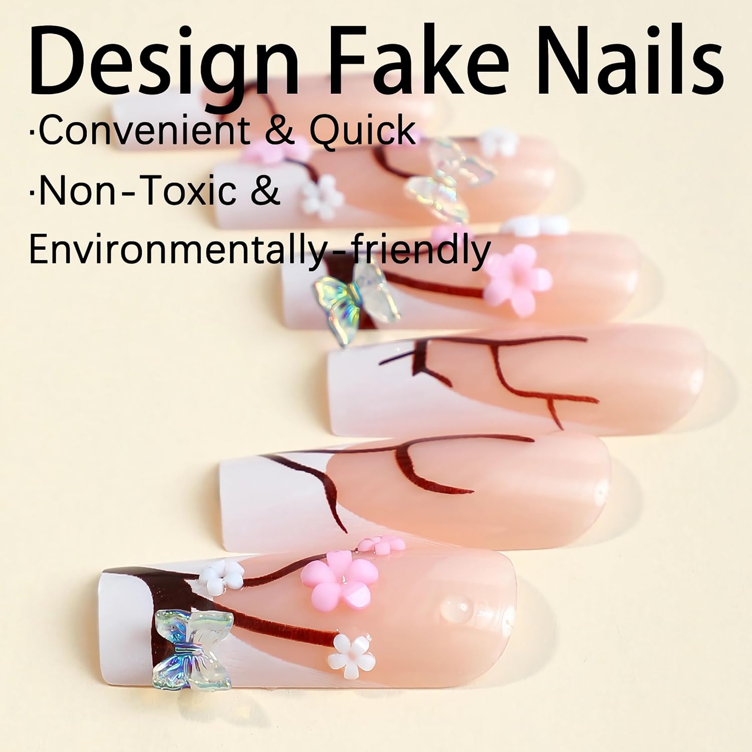 BABALAL Uñas postizas a presión de punta francesa, uñas postizas largas y cuadradas, uñas blancas con pegamento en 3D, diseño de mariposa, uñas