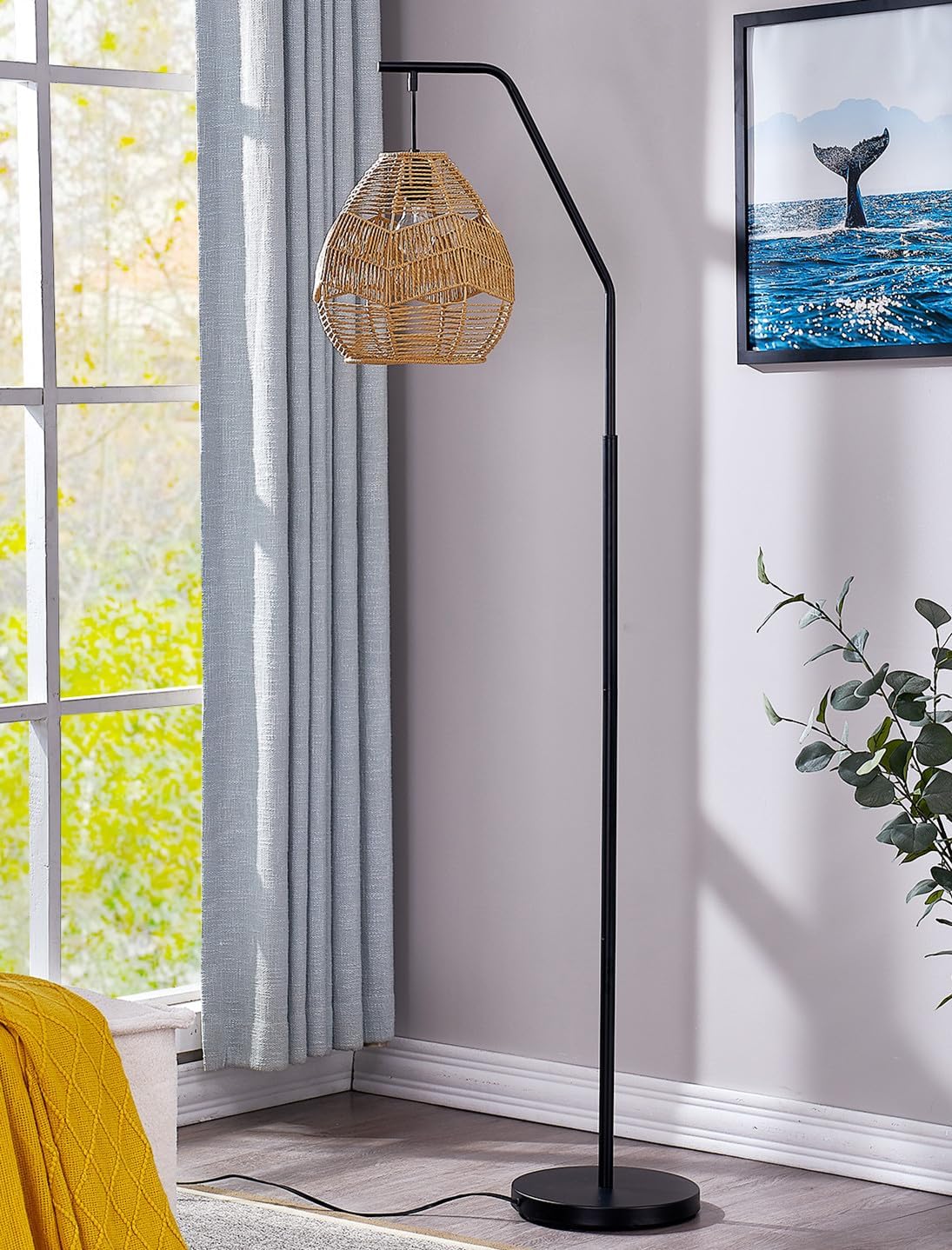 Maxax Lámpara de pie de ratán para sala de estar de 65 pulgadas, lámpara de pie de arco de granja con pantalla de ratán tejida más grande, lámparas