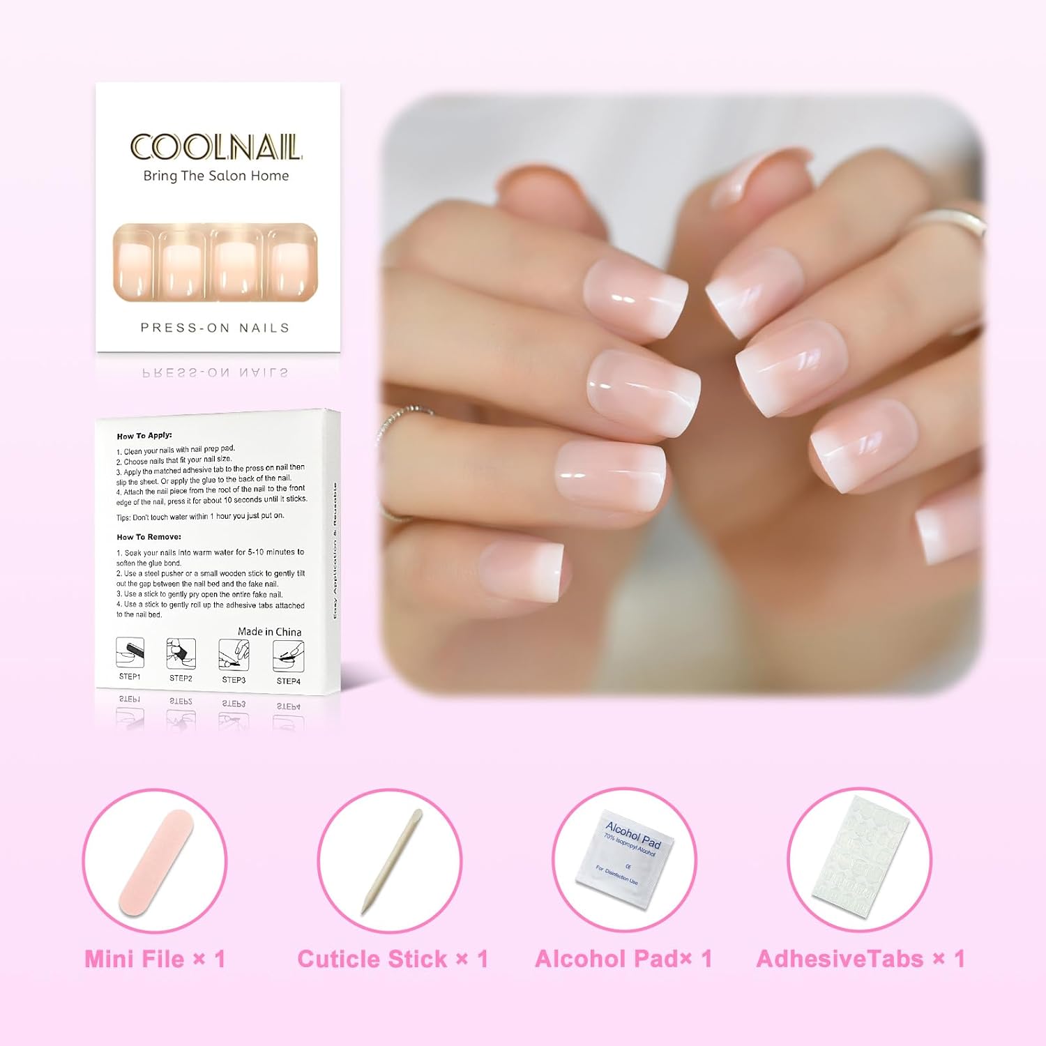 Coolnail – Uñas postizas francesas blancas y rosa nude, con forma cuadrada y ovalada, gel UV, uñas postizas para niñas, cobertura total, tips de