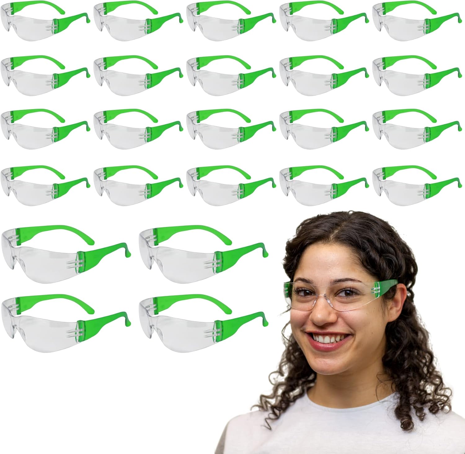 SAFE HANDLER BISON LIFE – Paquete de 24 pares de gafas de seguridad con patillas verdes con lente transparente, ANSI Z87, resistentes a impactos y