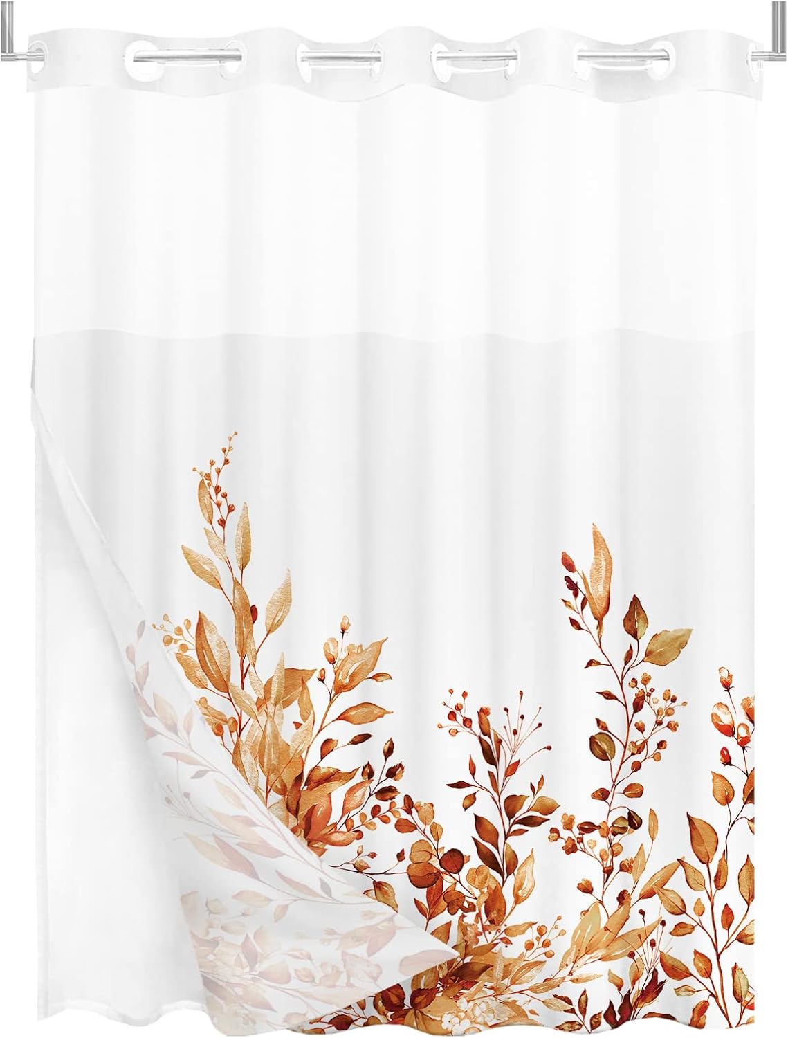 Tititex Juego de cortinas de ducha sin ganchos con forro de hojas de eucalipto naranja, doble capa de lujo, tela impermeable y transparente para