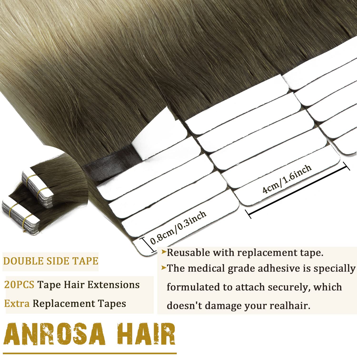 Anrosa Extensiones de cabello humano con cinta adhesiva, 14 pulgadas, color marrón ceniza a rubio, extensiones de cabello humano Remy, extensiones
