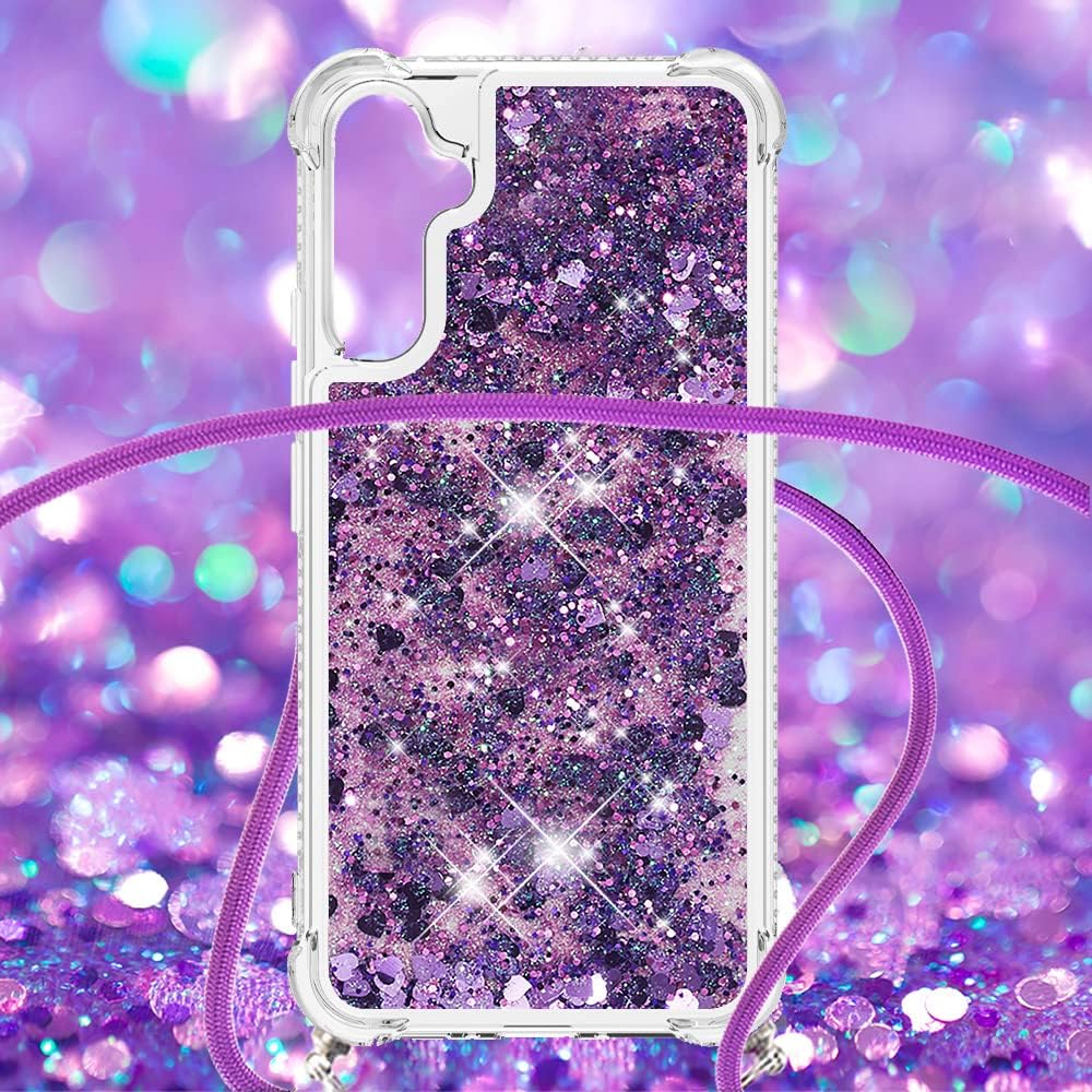 Asuwish Funda de teléfono para Samsung Galaxy A34 5G con protector de pantalla y correa cruzada, purpurina líquida brillante, transparente, delgada,